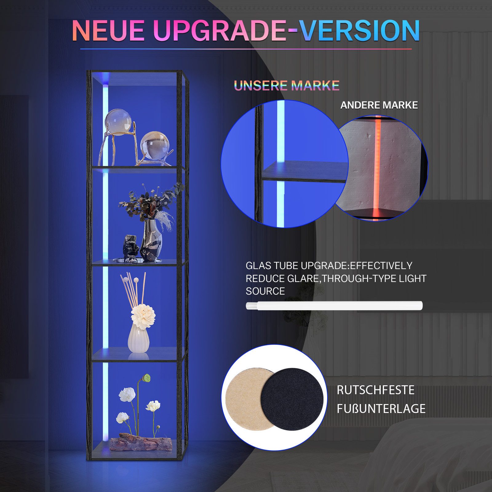 XIIW Standregal LED Dimmbar Bücherregal Standleuchte Sammlervitrine Stehend Eckregal, 5 Ebenen 160x39x29cm Einstellbarer LED-Beleuchtung, Holz Stehlampe für Bür – Bild 3 von 5