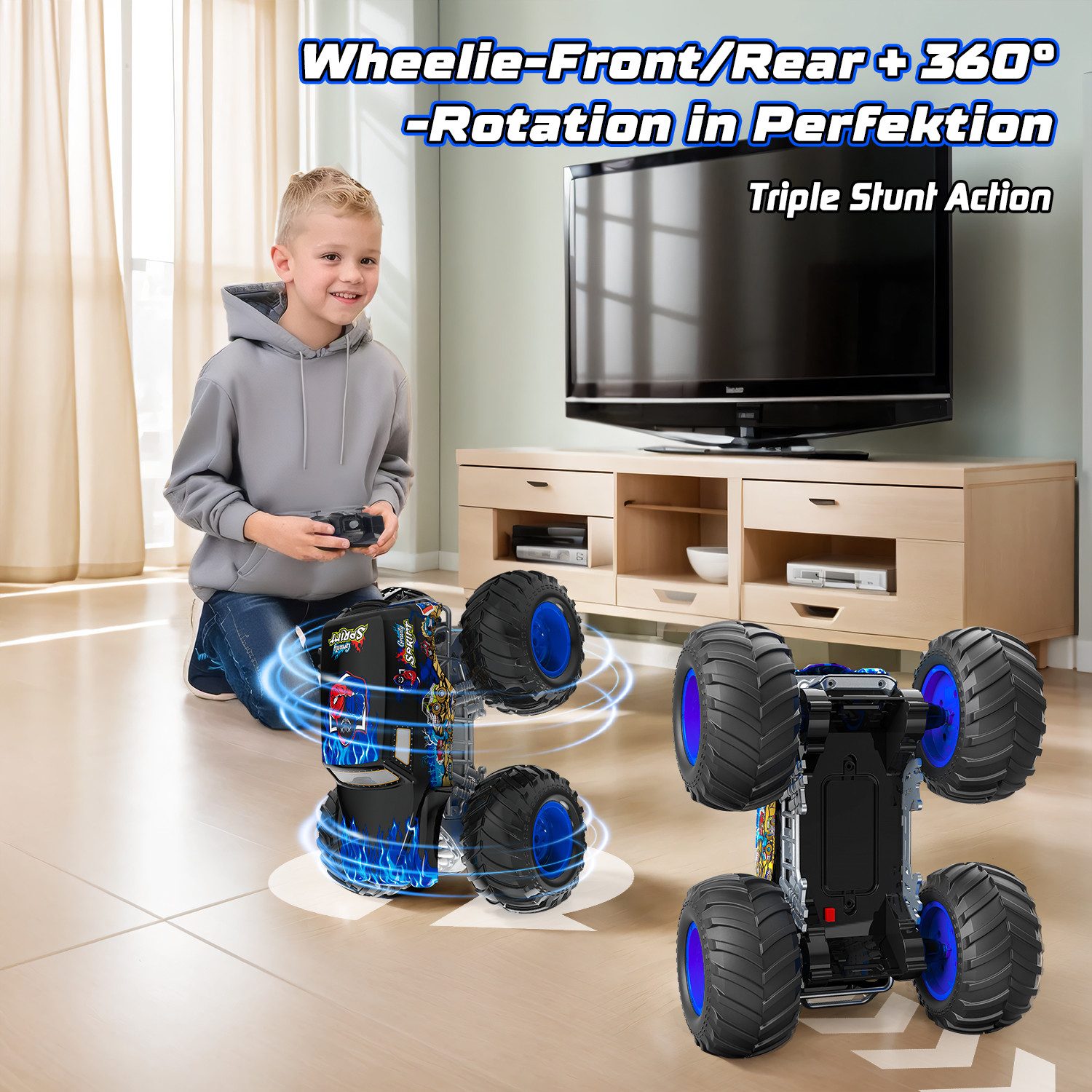 Esun RC-Auto Monster Truck Ferngesteuert mit Licht 360°Drehung Ferngesteuertes Auto (SET, 2.4GHz Ferngesteuerter Monstertruck), 1:16 Amphibienfahrzeug Ferngesteuerter Monstertruck
