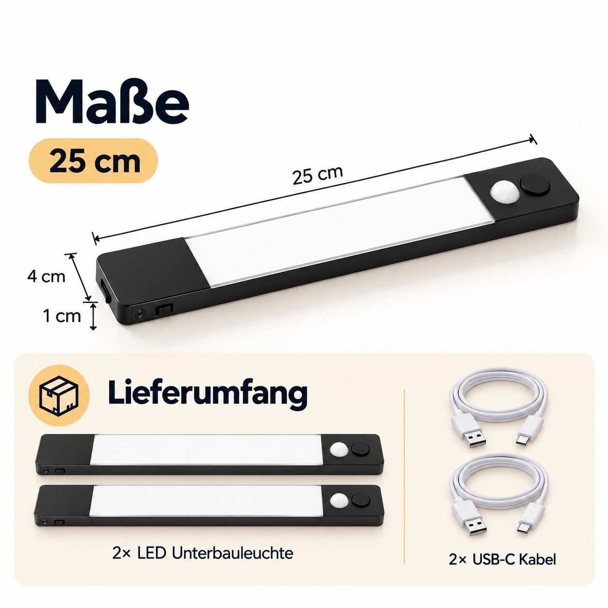 Hanseatic LED Unterbauleuchte 25 cm / Schrankbeleuchtung / Lichtleiste LUBLUGHK223, Abschaltautomatik, Bewegungsmelder, Dimmer, Dimmfunktion, Ein-/Ausschalter, Sensorschalter, Tageslichtsensor, USB-Ladefunktion, mehrere Helligkeitsstufen, LED fest integriert, Neutralweiß, Akku, 4000 K, mobile Lampe f. Schlafzimmer, Küche, magnetisch