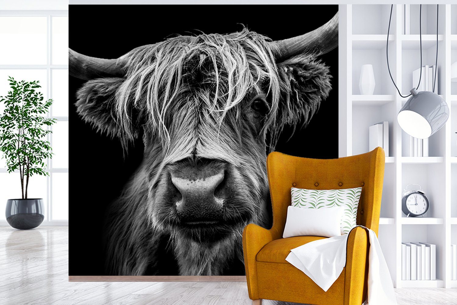 MuchoWow Fototapete Schottischer Highlander Weiß - - Vliestapete Schlafzimmer - Wild - Schwarz (4 für Matt, Tiere, Hörner St), - - Kuh bedruckt, Fototapete Küche, Wohnzimmer