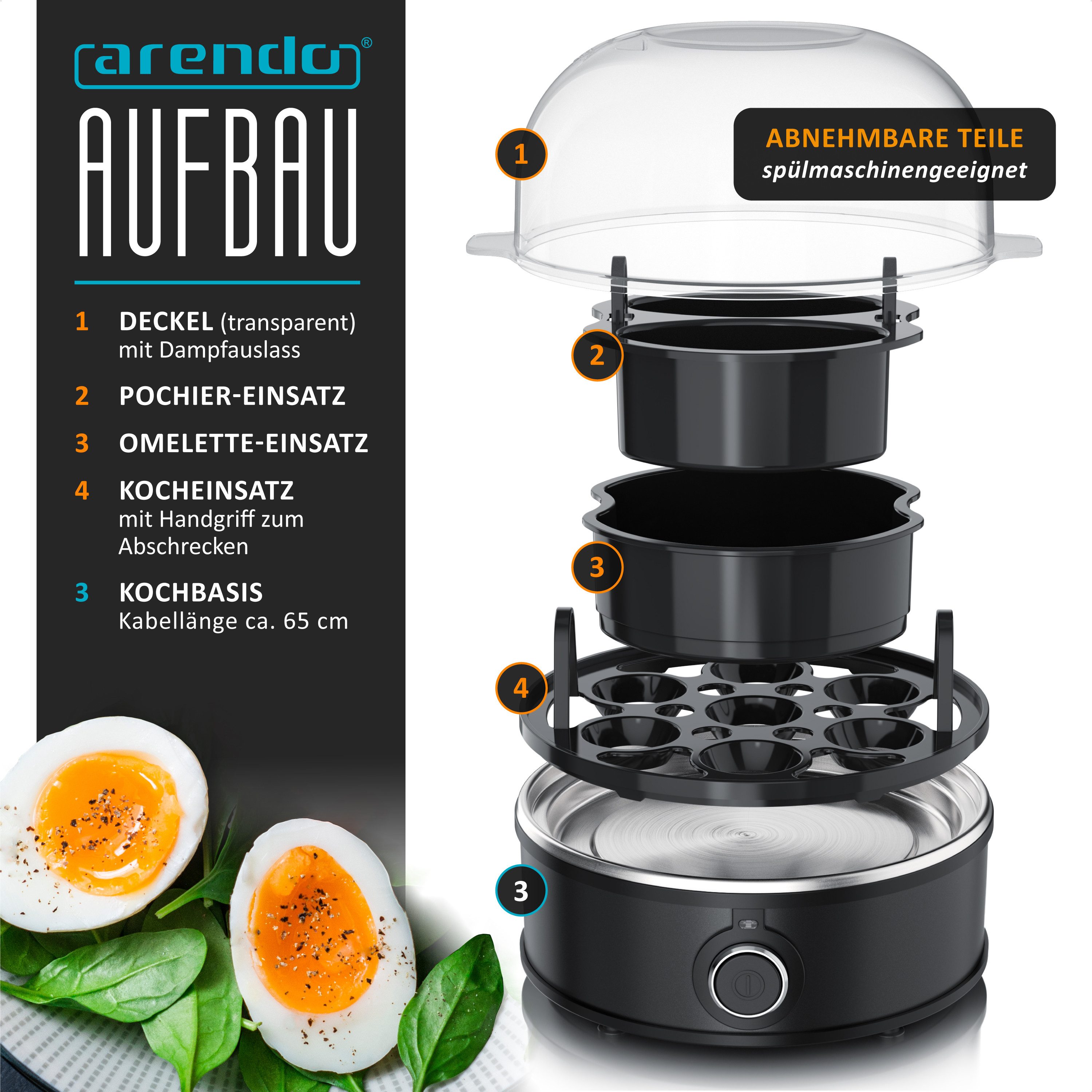 Arendo Eierkocher 7-Fach, Edelstahl, mit Warmhaltefunktion, 3 Härtegrade, für 1–7 Eier, Anzahl Eier: 7 St., 350 W, mit Einsatz für Eier, pochierte Eier & Omelette, Signalton, Egg Cooker