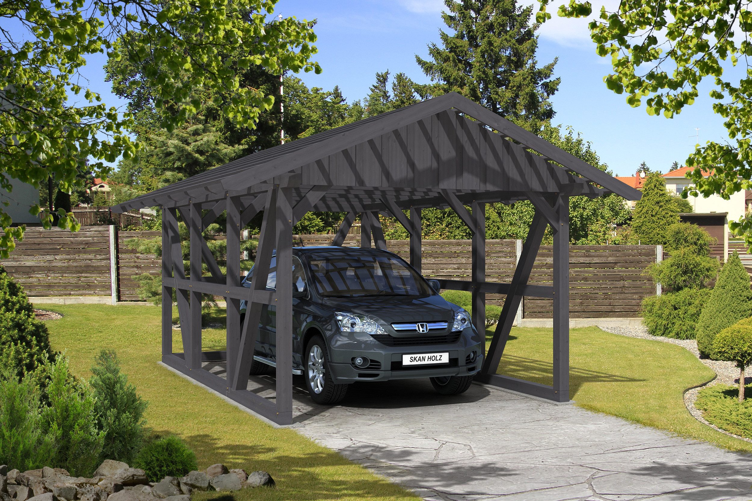 Thumbnail - Skanholz Einzelcarport Schwarzwald, BxT: 424x600 cm, 220 cm Einfahrtshöhe, mit Rückwand, mit Dachlattung