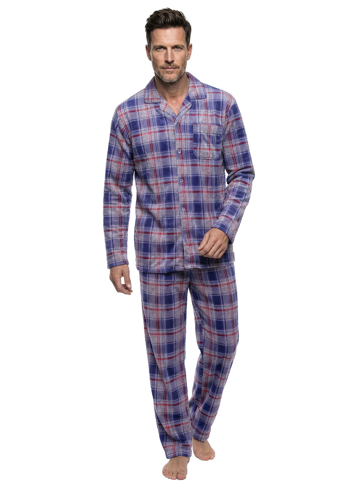Henry Terre Pyjama Kent Langarm - Velour Karo Design Hemdkragen durchgeknöpft – Bild 2 von 5