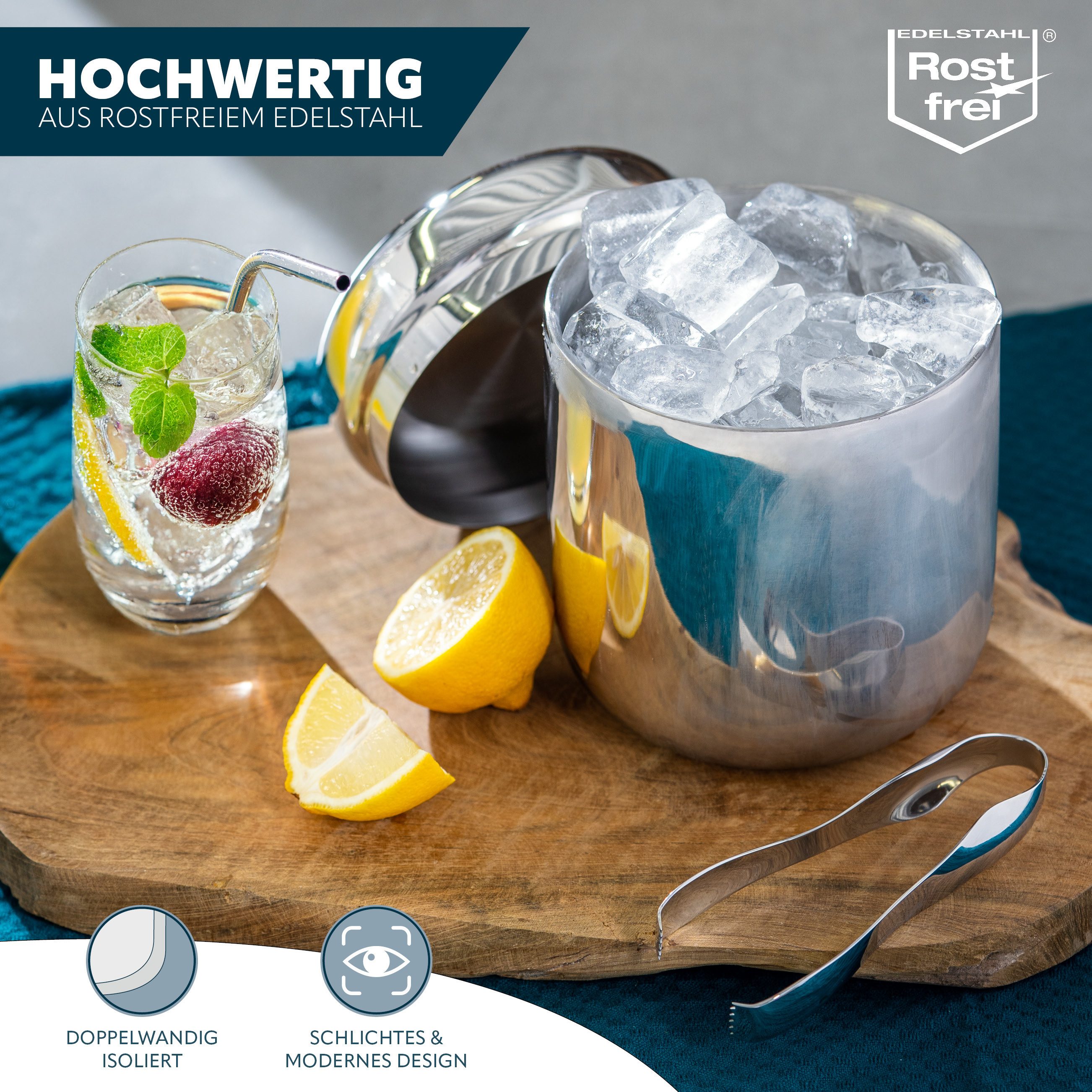 bremermann Eiswürfelbehälter Edelstahl-Eiskübel mit Deckel 1,5l, rund, Edelstahl, mit Zange