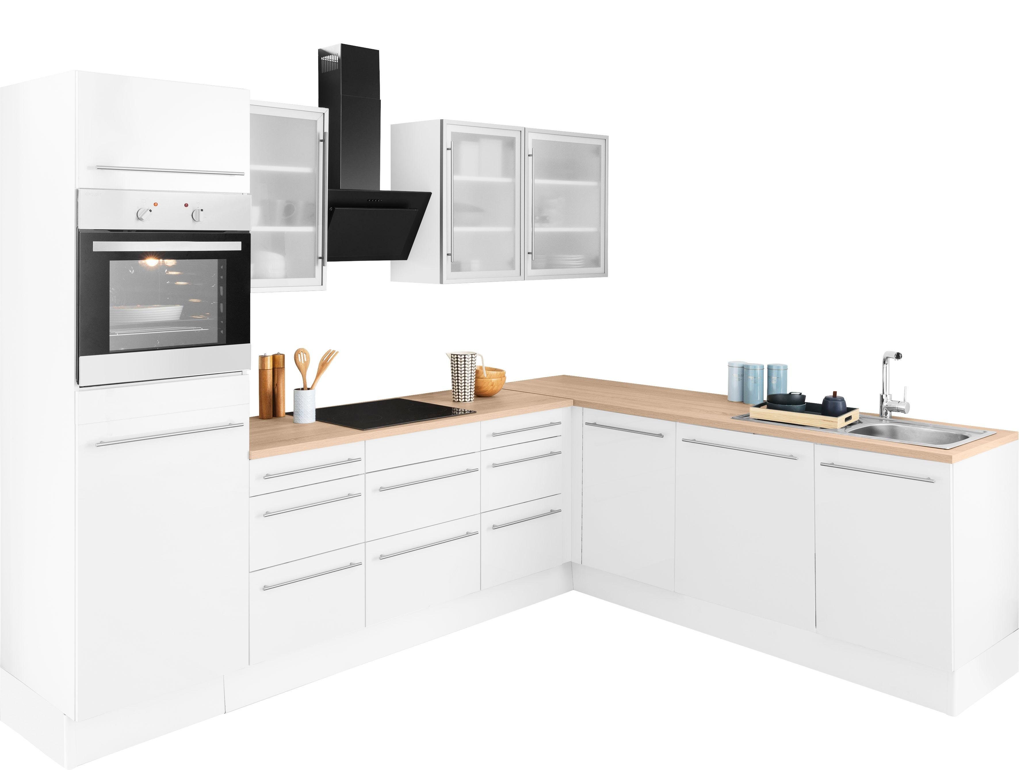 OPTIFIT Winkelküche Bern, Stellbreite 285x225 cm, wahlweise mit E-Geräten weiß Hochglanz/weiß-eiche sonoma | weiß Hochglanz | weiß