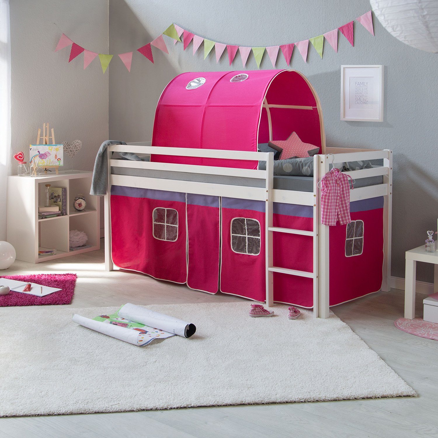 Homestyle4u Hochbett 90x200 Weiß Vorhang Pink 1561 günstig online kaufen