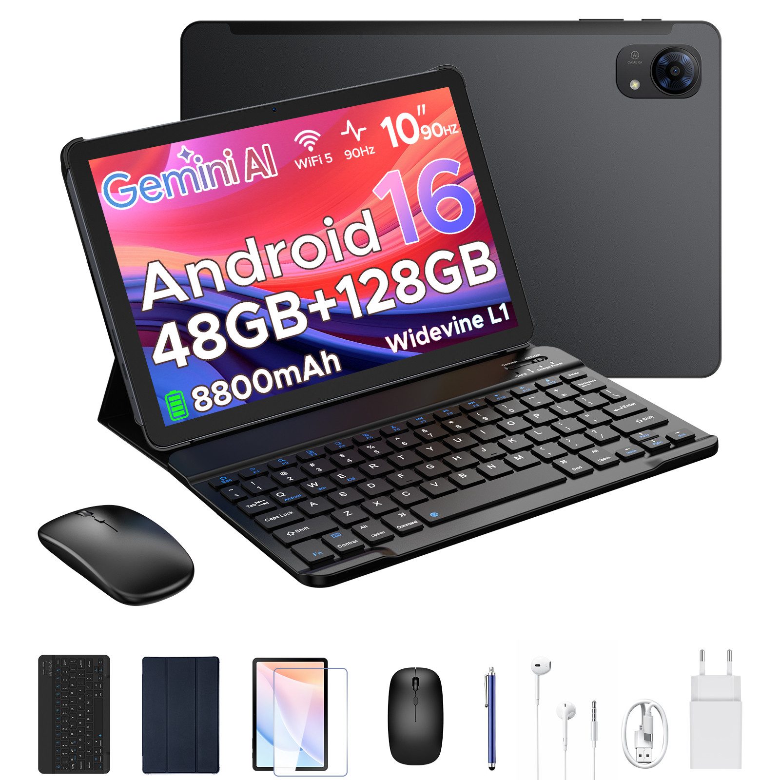 POCKAM P10 10 Zoll Android 16 Tablet mit Tastatur, 128GB ROM, 8800mAh, 120Hz Tablet (10", 128 GB, Android 16, WIFI, 8 GB, Android 16, 13 MP, Gemini AI, 5G WiFi/Widevine L1/GPS/Face ID)