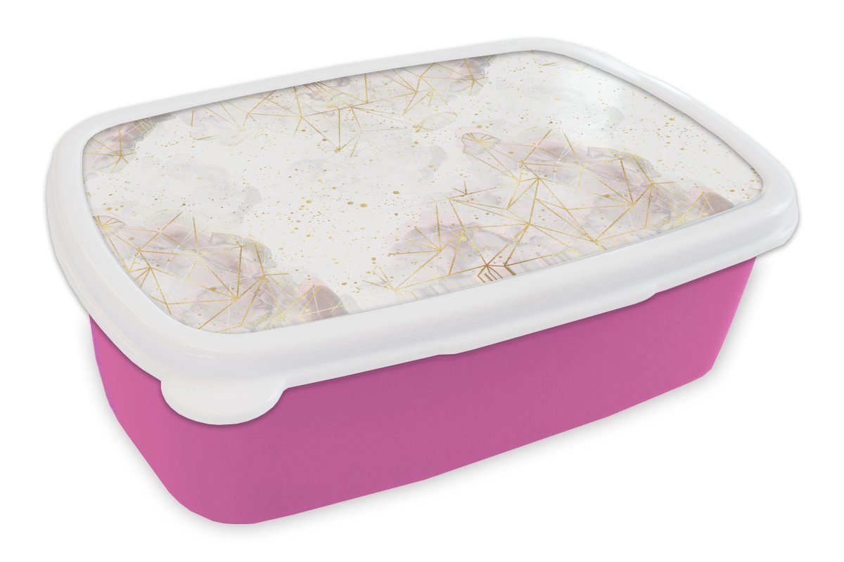 MuchoWow Lunchbox Marmor - Geometrie - Gold, Kunststoff, (2-tlg), Brotbox für Erwachsene, Brotdose Kinder, Snackbox, Mädchen, Kunststoff rosa