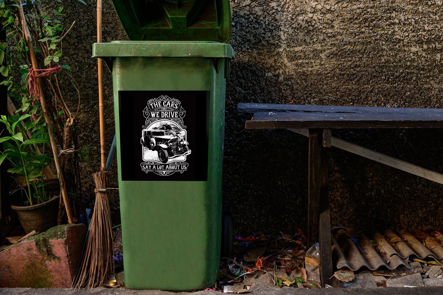 MuchoWow Wandsticker Container, Mülleimer-aufkleber, Sticker, - Schwarz St), Mülltonne, Auto Retro - - Abfalbehälter Mancave (1 Weiß 