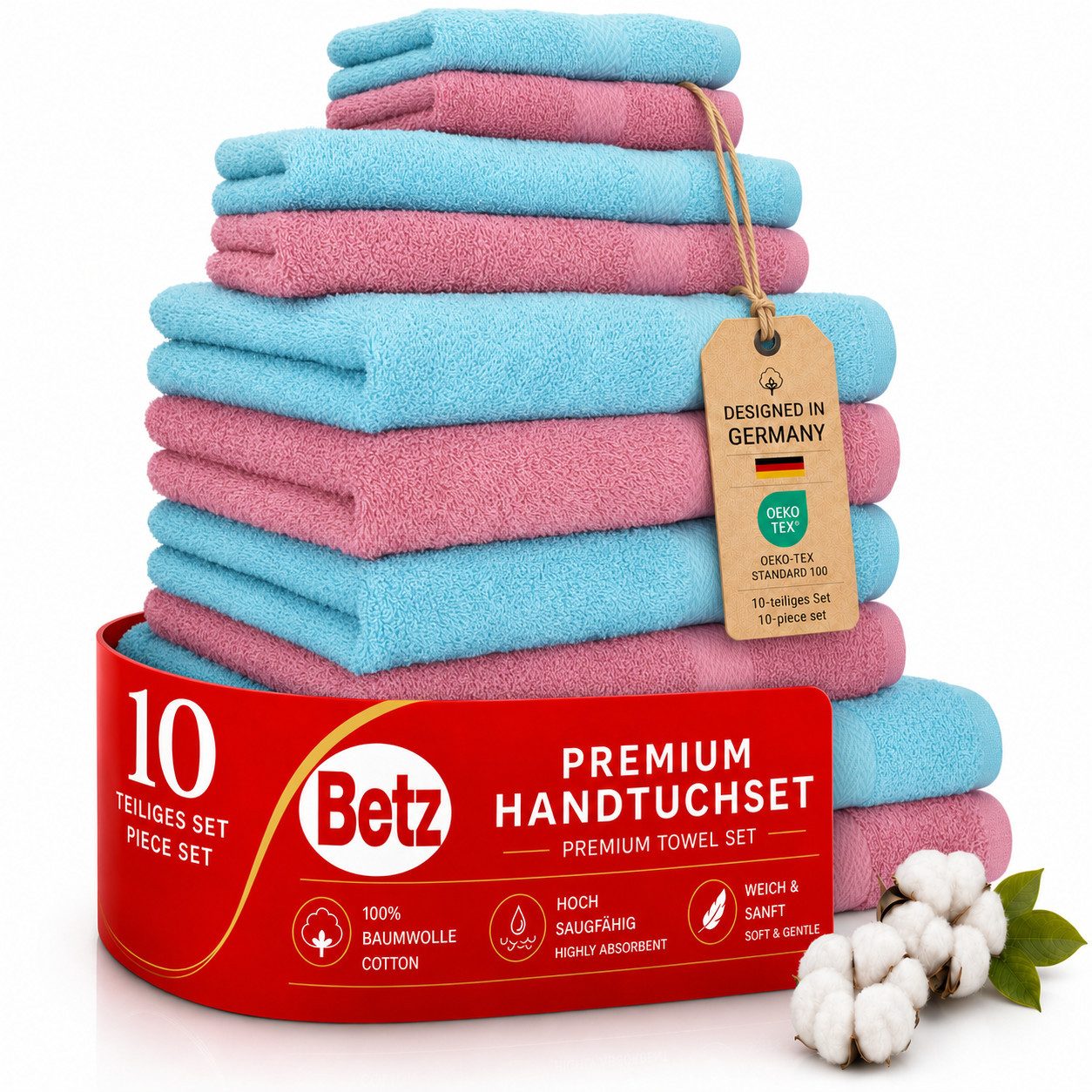 Betz Handtuch Set 10-tlg. CLASSIC Farbe türkis und altrosa, (Set, 10-St)
