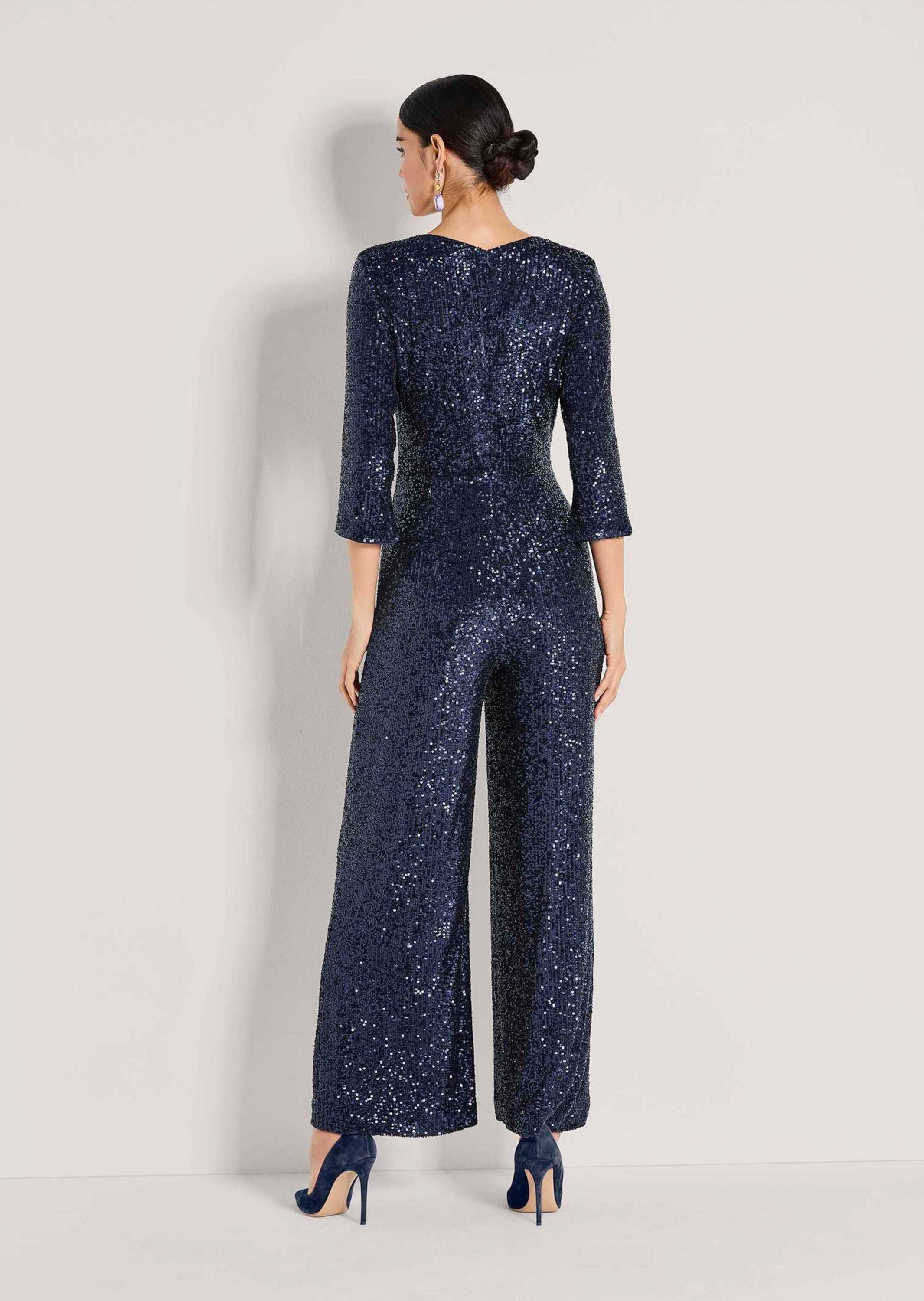 MADELEINE Jumpsuit Eleganter Pailletten-Einteiler Glanzoverall mit V-Ausschnitt, weiten Culotte-Beinen und 3/4-Arm