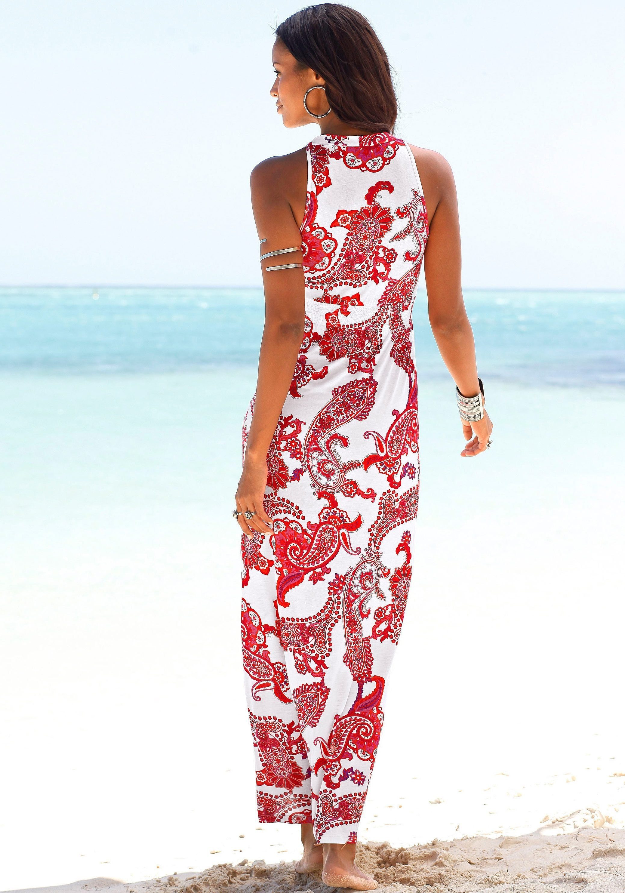LASCANA Maxikleid mit verstellbarem Ausschnitt und gesmokter Taille, Jerseykleid Sommerkleid, Strandkleid, Viskosekleid, Boho-Kleid mit Paisleymuster