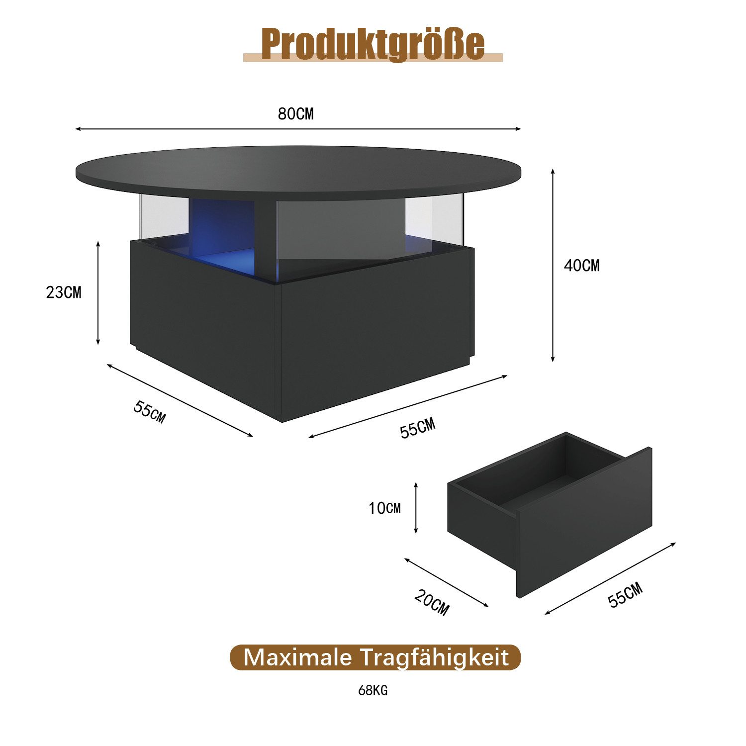 radelldar Couchtisch mit LED-Beleuchtung und 2 Schubladen, Wohnzimmertisch 80x40cm (1-St), Beistelltisch mit runder Platte und extra Ausstellungsfläche