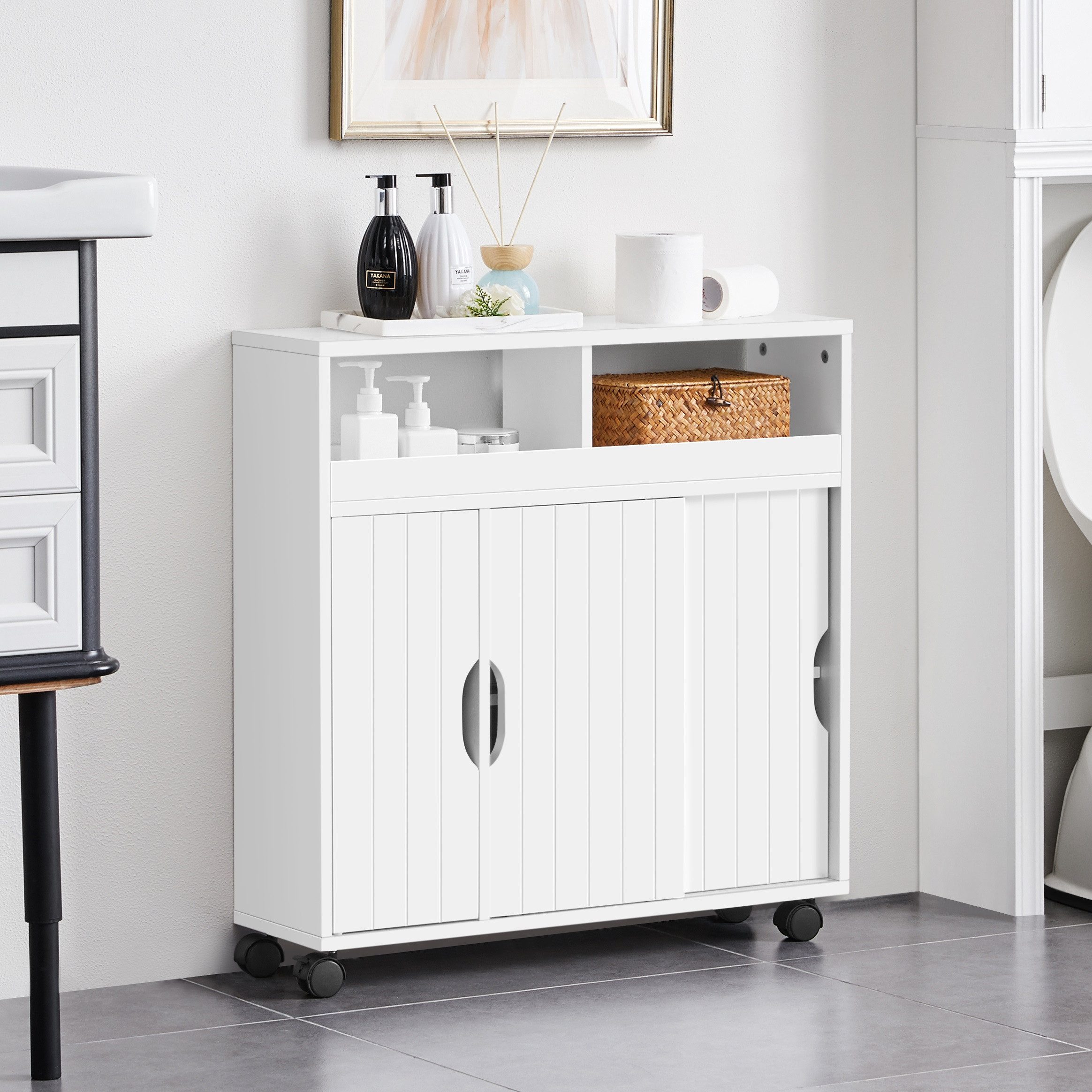 Yaheetech Badkommode Badezimmerschrank, mit Schiebetüren & Rollen, aus MDF-Holzplatten