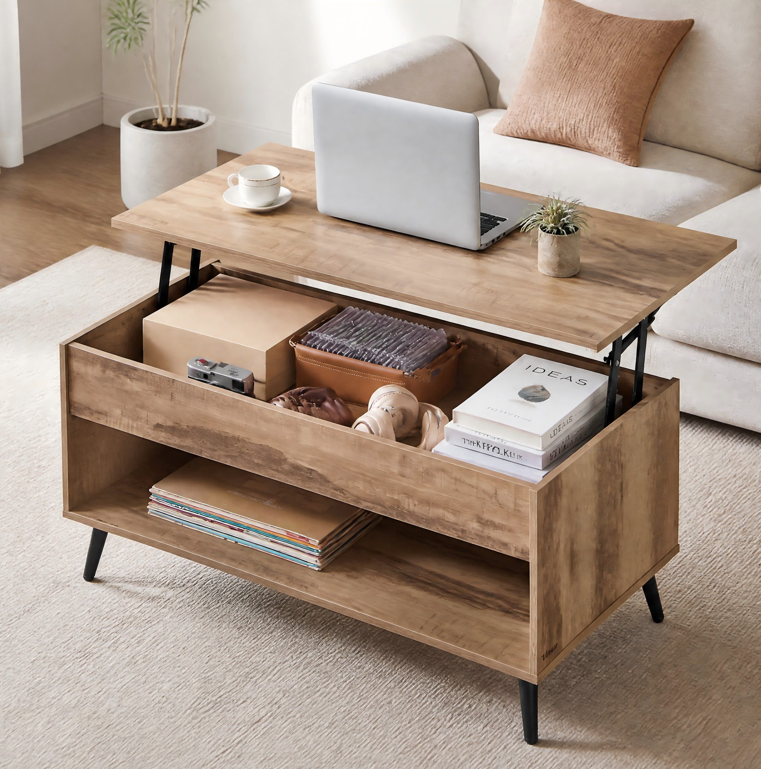 VASAGLE Couchtisch höhenverstellbarer Wohnzimmertisch, für Wohnzimmer, Homeoffice (inkl. Zubehörpaket & Anleitung, aufklappbar), Kaffeetisch, Gaszylinder, verstecktes Fach, offenes Fach
