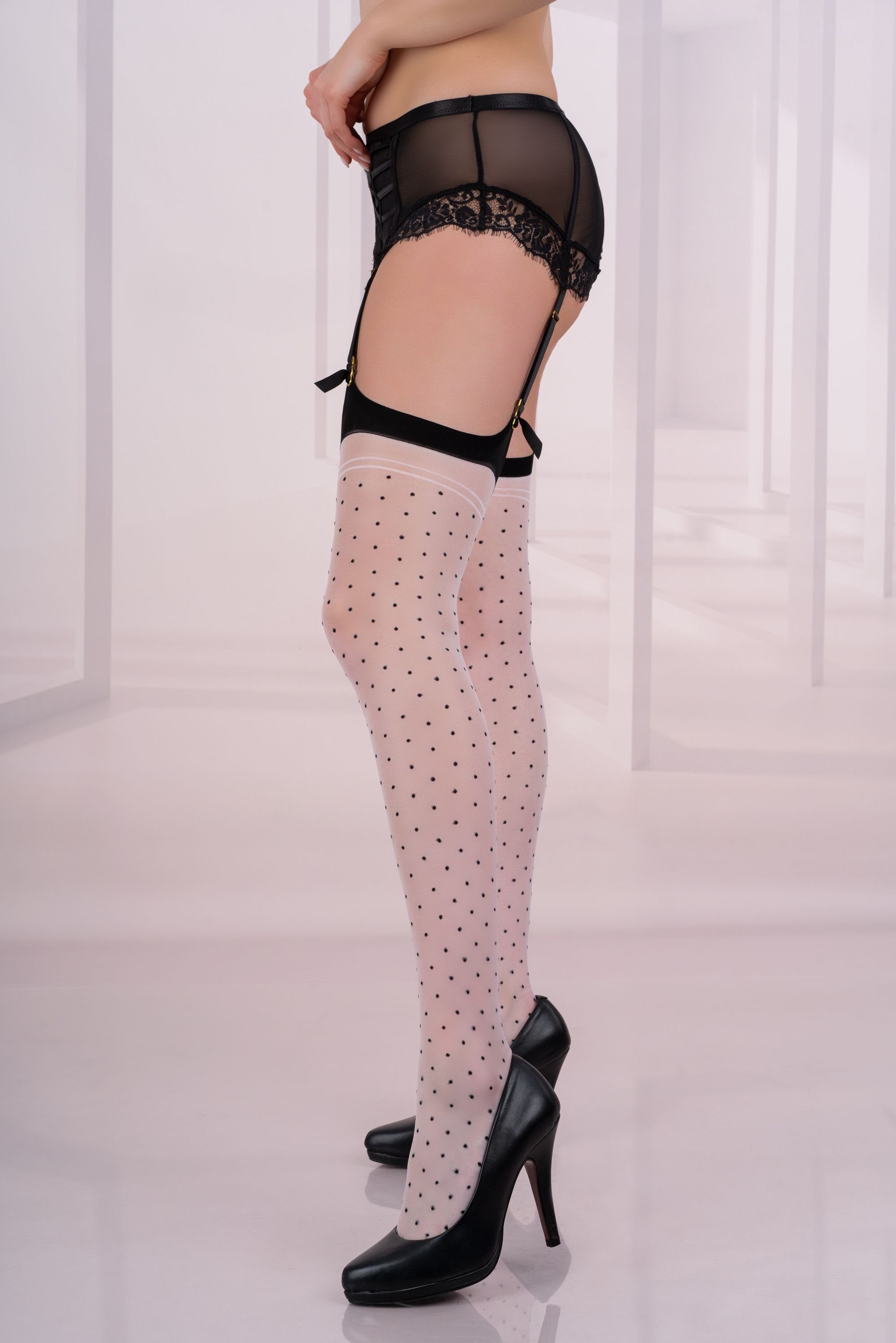 Livco Corsetti Fashion Halterlose Strümpfe Nylonstrümpfe weiß transparent elastisch Muster (1-Paar)