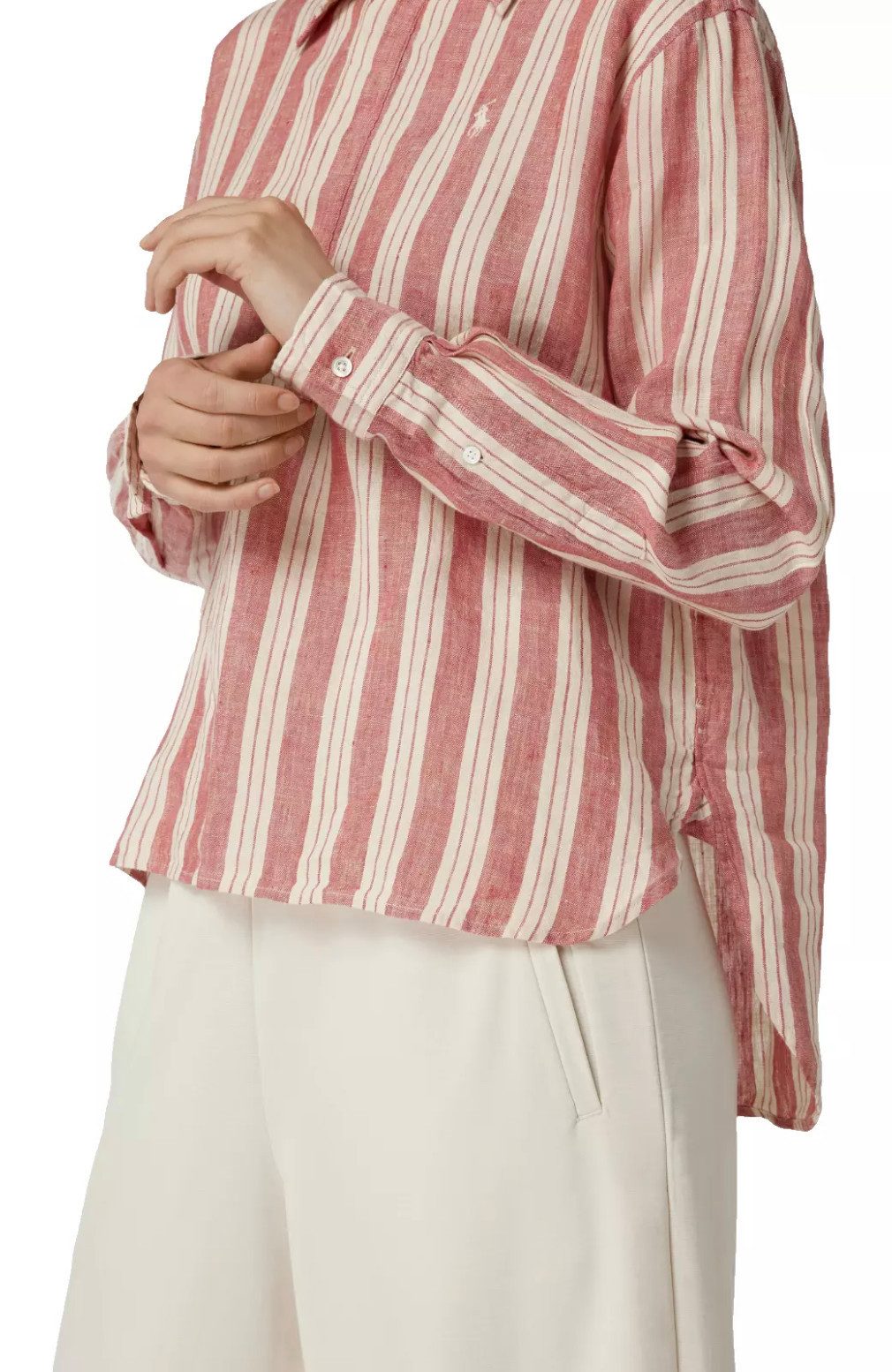 Polo Ralph Lauren Leinenhemd Damen Vokuhila-Hemd Bluse Oversize in Antikrosa Kentkragen, verdeckte Knopfleiste,Streifenmuster,Pony-Stickerei