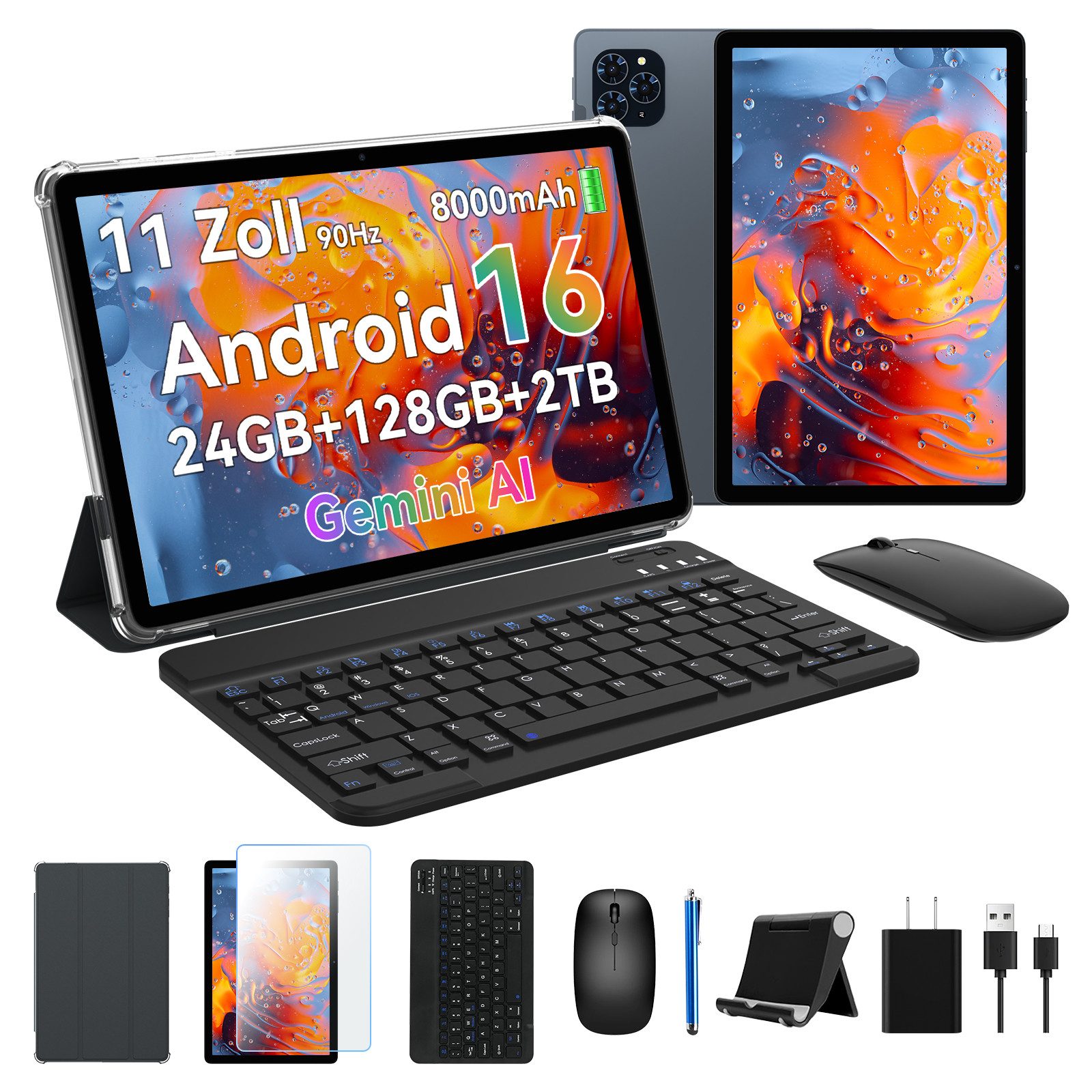 KINGRID 11" Android 16 WiFi mit Tastatur/Hülle/Maus Tablet (11", 128 GB, Android16, Android 16, FHD Display, mit Zubehör, Gemini AI)