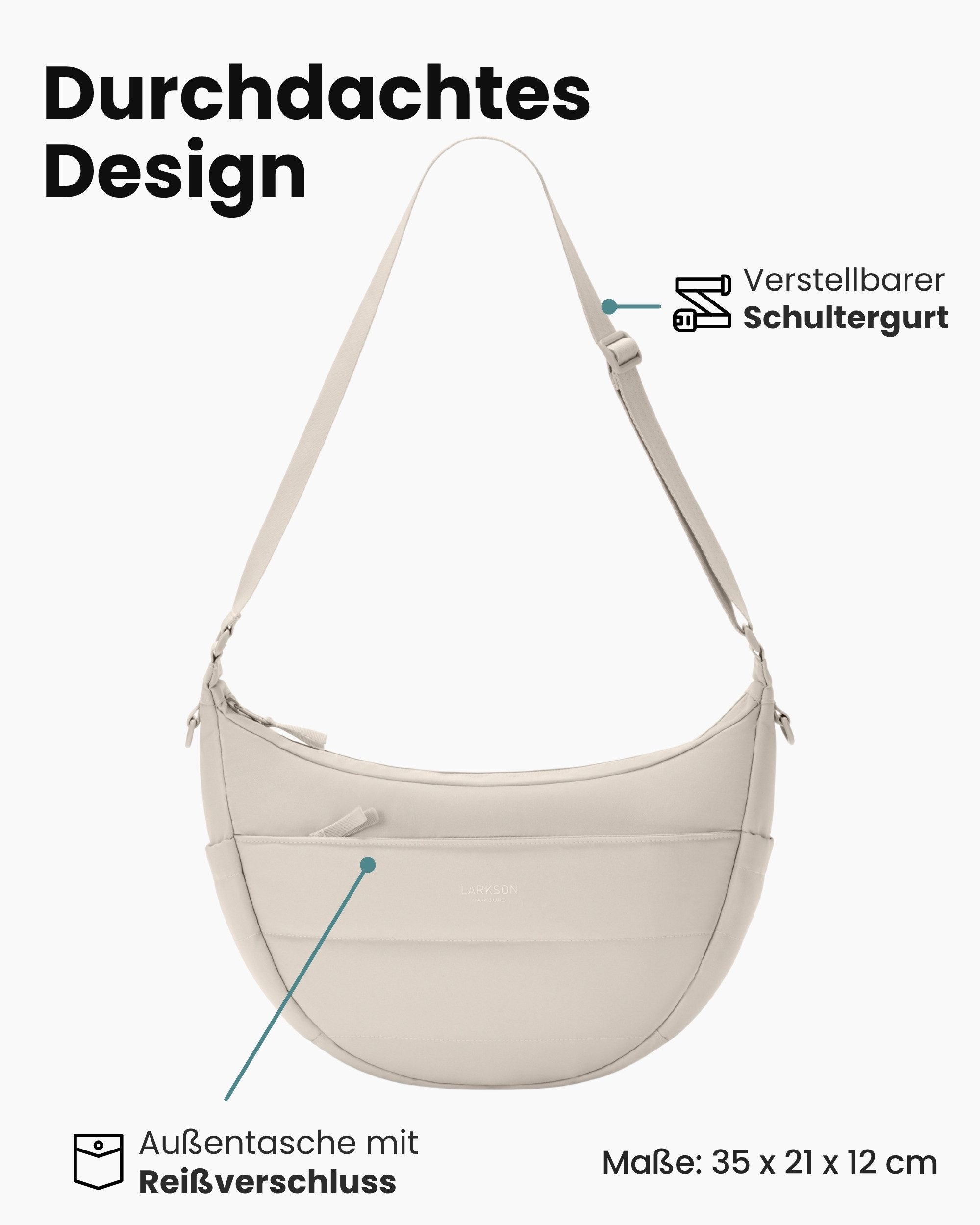 LARKSON Umhängetasche Emma Half Moon Bag, Puffer Halbmondtasche mit vielen Fächern