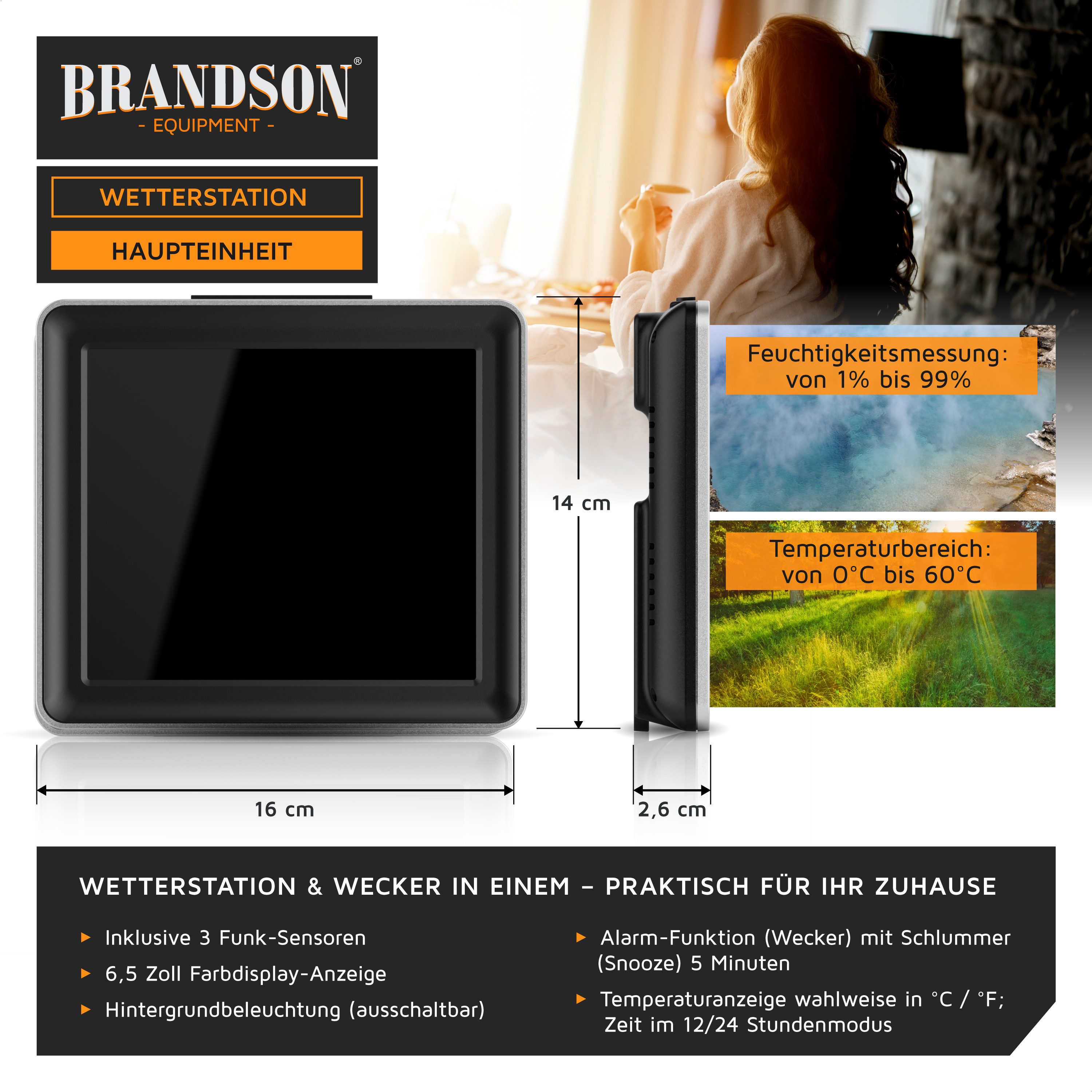 BEARWARE Funk, mit Farbdisplay, Wireless Funksensor/Außensensor, DCF Funkuhr Wetterstation (mit Außensensor, Luftdruck, Wettervorhersage, Barometer, Wecker, Alarm, Snooze)