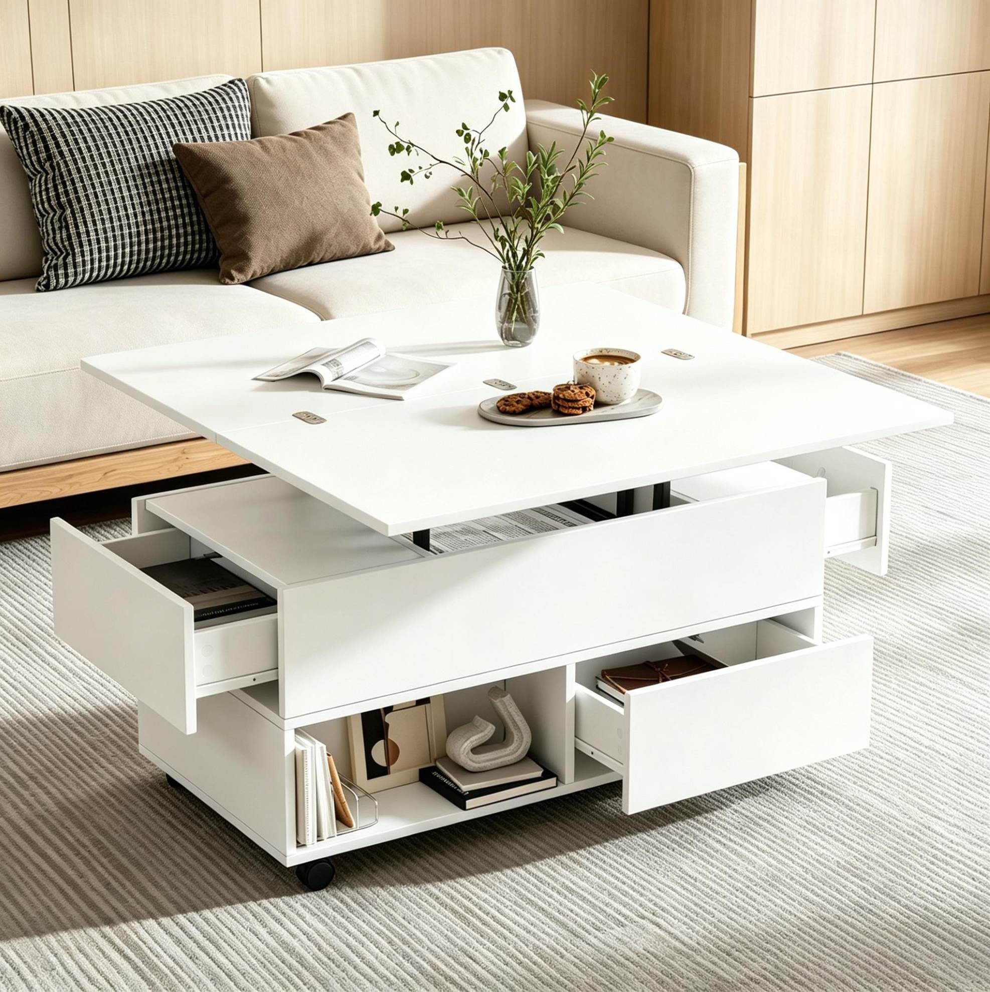 MODFU Couchtisch Multifunktionstisch mit 4 Schubladen & Rollen (Packung, 1-St., Weiß, 100×50×52 cm, für Wohnzimmer & Homeoffice), höhenverstellbar, 50 kg Tragkraft, Spanplatte