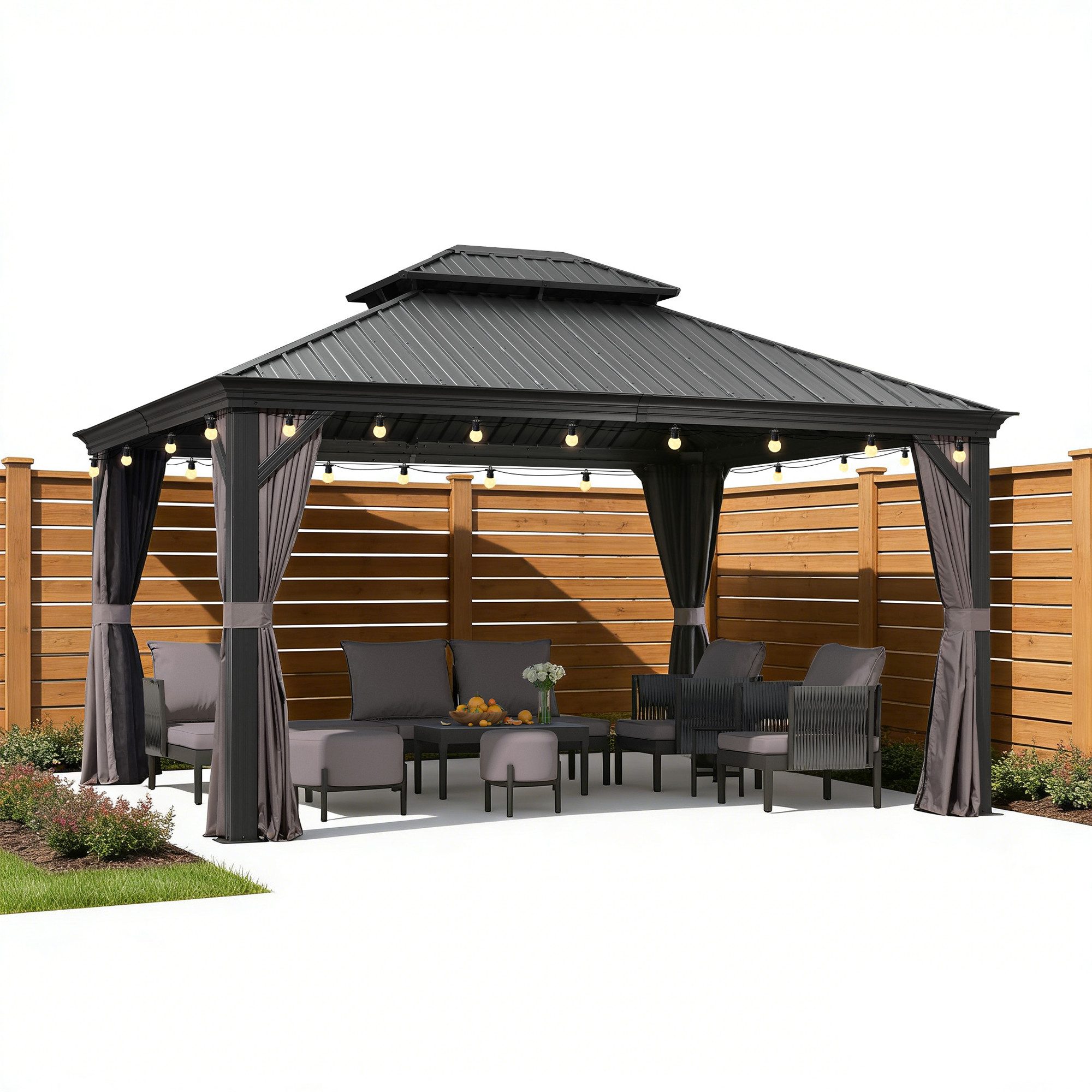 PURPLE LEAF Pavillon Hardtop Aluminium Gartenpavillon mit LED-Lichtern und Seitenteilen