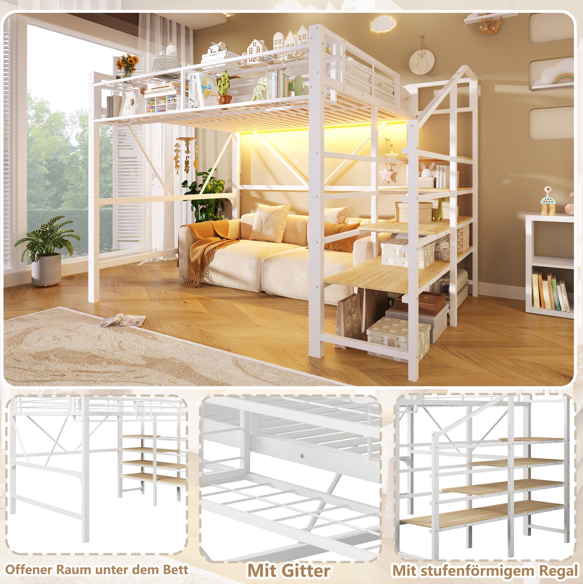 MODFU Hochbett Kinderbett aus Metall mit offenem Stauraum, LED-Leiste (Jugendbett 140x200 cm mit Gitterelementen, Stufen-Ablageregal und Aufbewahrungskorb, Eisenbett) ohne Matratze