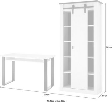 Home affaire Schrank-Set SHERWOOD, (2-St), Büromöbel Set, mit Scheunentorbeschlag aus Metall, Breite ca. 220 cm