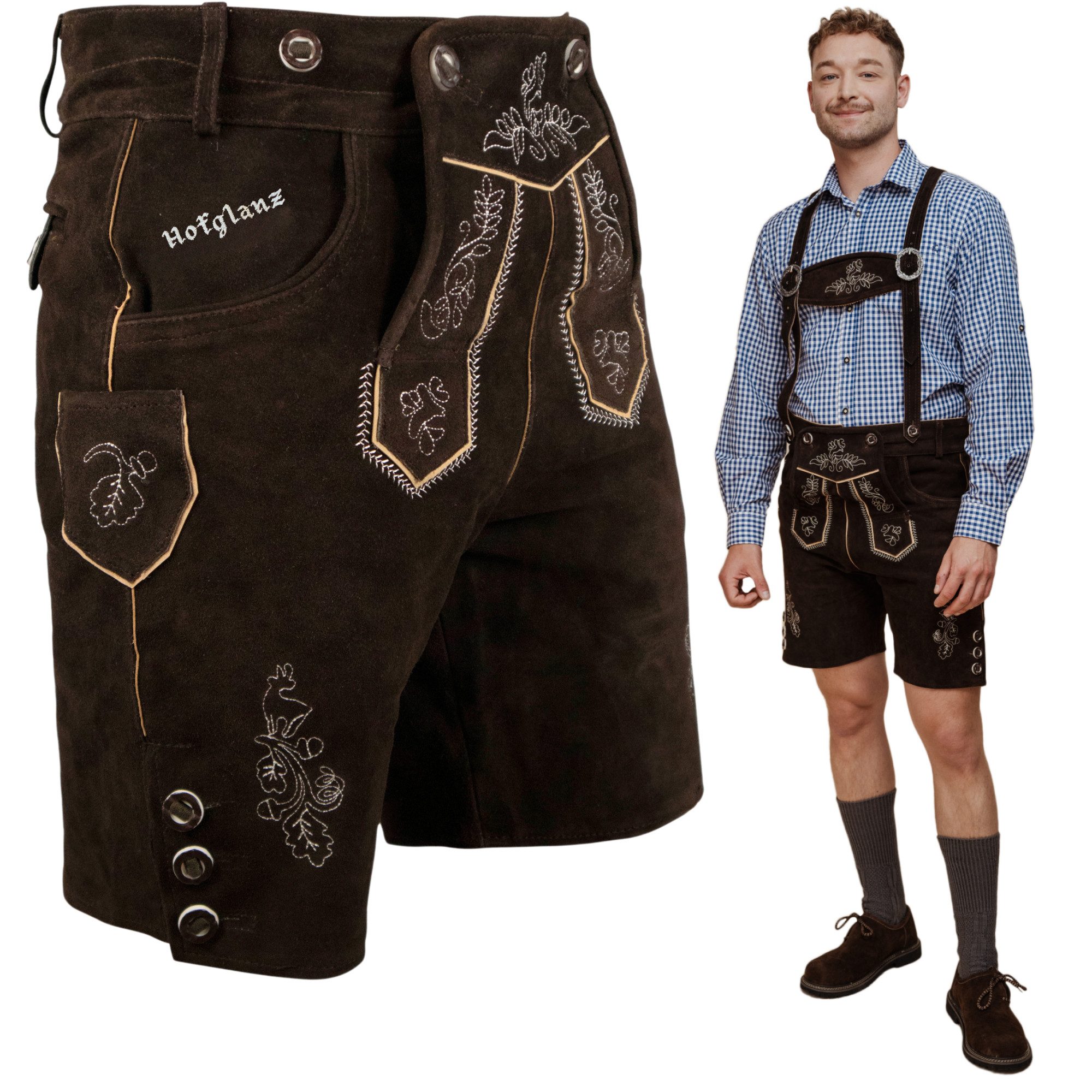 HOFGLANZ Trachtenlederhose Herren Lederhose, traditionelle Trachtenhose in Hellbraun, Dunkelbraun