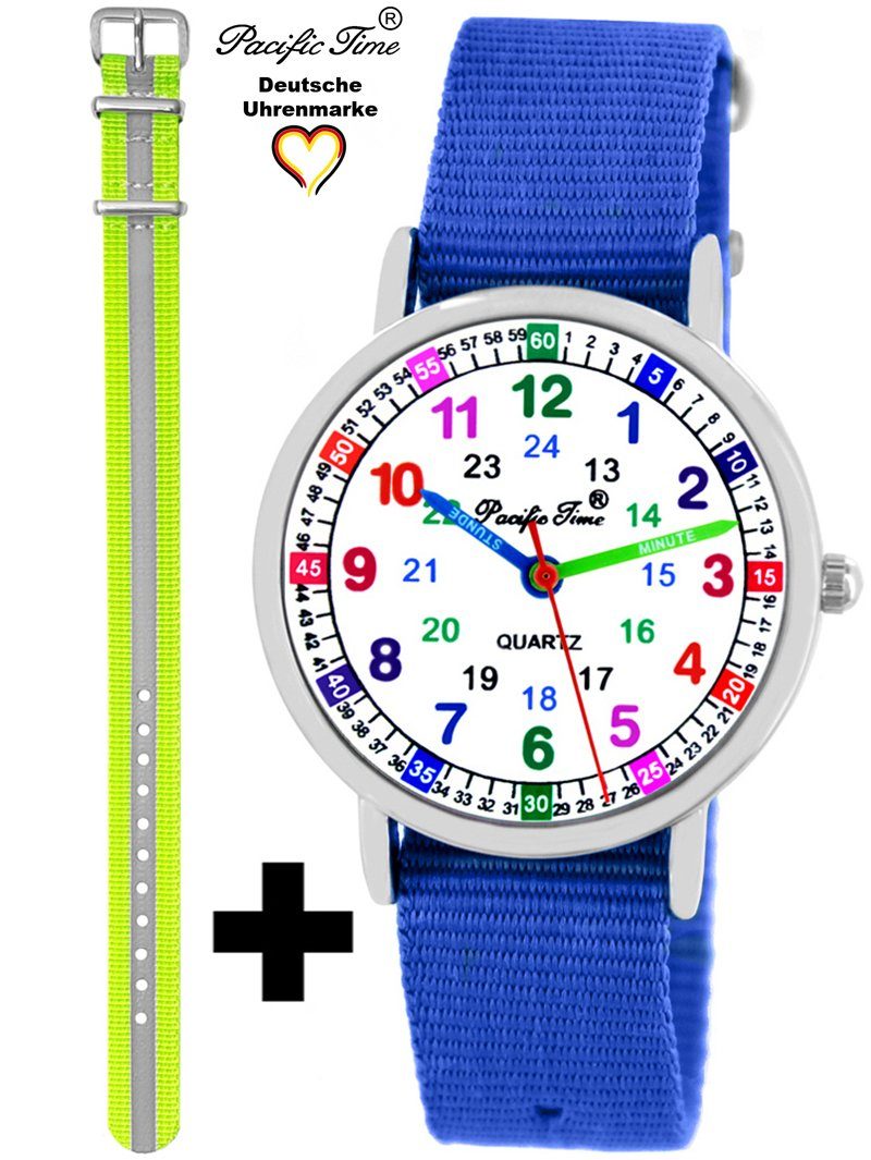 Pacific Time Quarzuhr Set Kinder Armbanduhr Lernuhr Wechselarmband, Mix und Match Design - Gratis Versand royalblau und Reflektor gelb