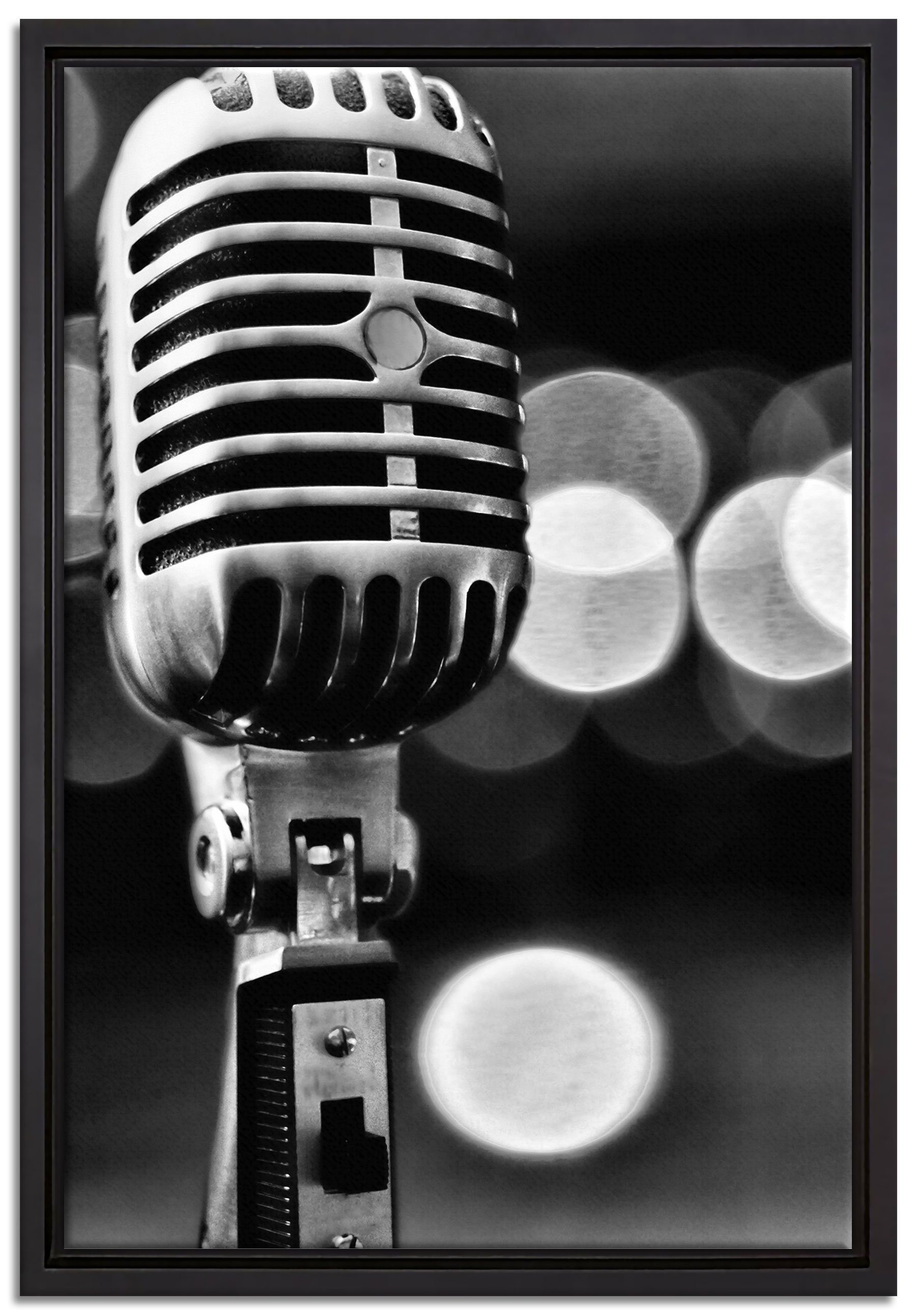Zackenaufhänger Leinwandbild Mikrofon, in bespannt, Retro inkl. Leinwandbild gefasst, Wanddekoration St), Altes Schattenfugen-Bilderrahmen (1 fertig einem Pixxprint