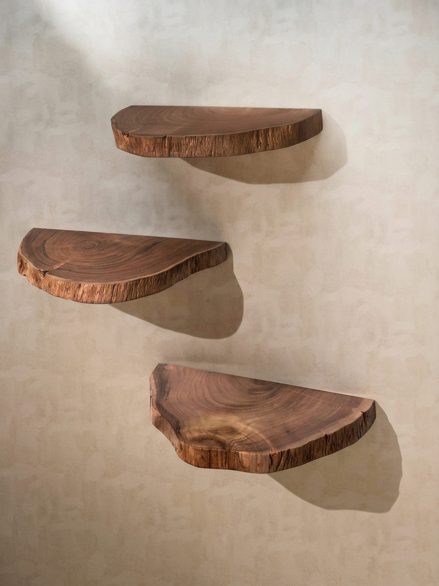 KADIMA DESIGN Wandregal Wandregal 3er Set Akazie Vollholz Hängeregal Baumscheibe, Natur, Blumentreppe Baumstamm Modern, Pflanzentreppe für die Wand, Schweberegal Hängend mit Baumkante