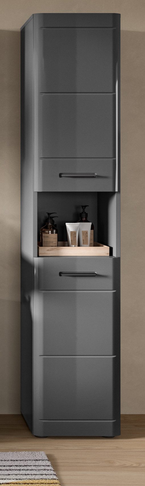 Inn.Furn Hochschrank Strong (Badschrank in grau Hochglanz, 30 x 180 cm) mit Soft-Close-Fuktion