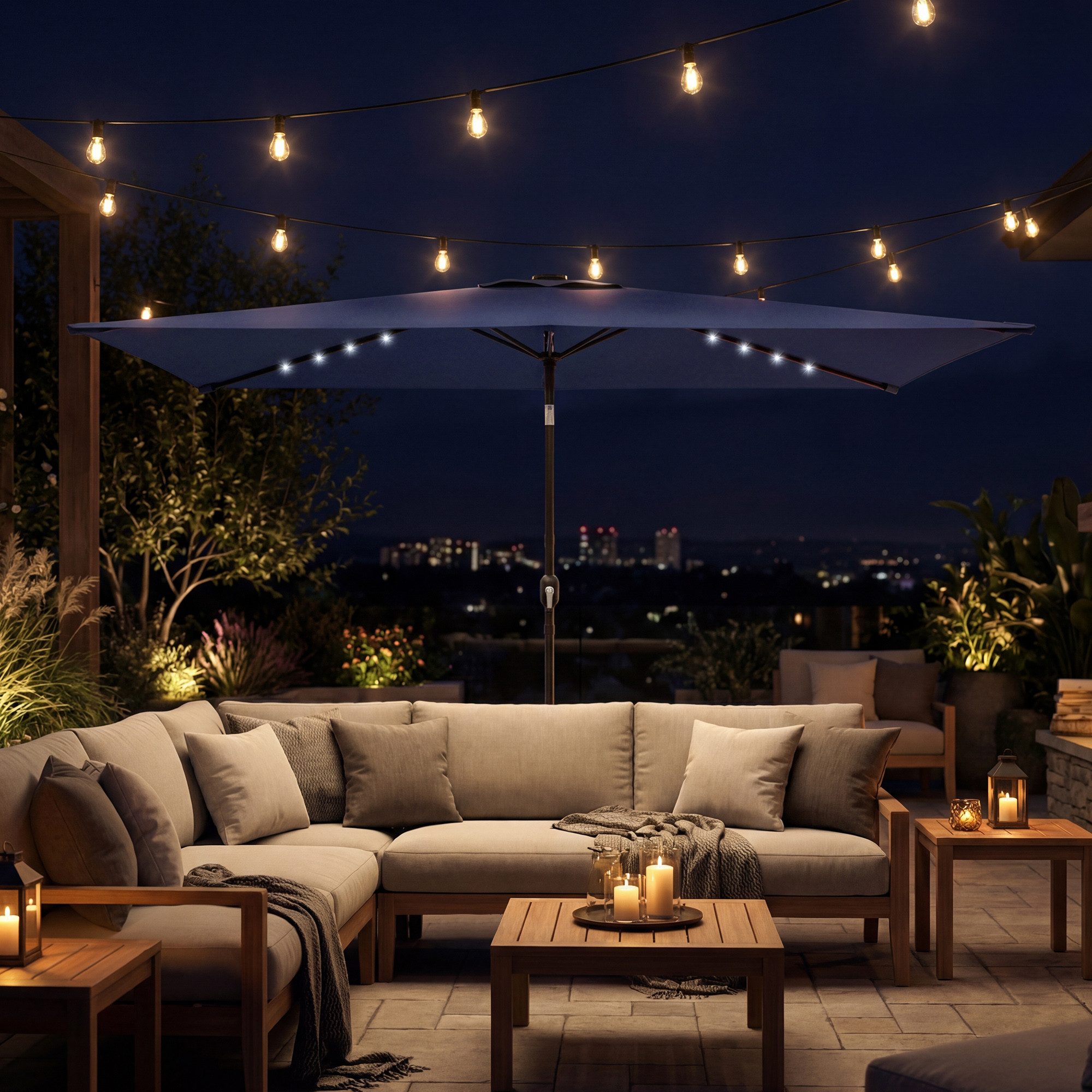 Outsunny Sonnenschirm LED Solar knickbar Balkonschirm mit Kurbel Schutzhülle, UV Schutz, LxB: 289x198 cm, neigbar Balkonschirm, Drehbar Gartenschirm, für Garten Balkon Terrasse Marineblau