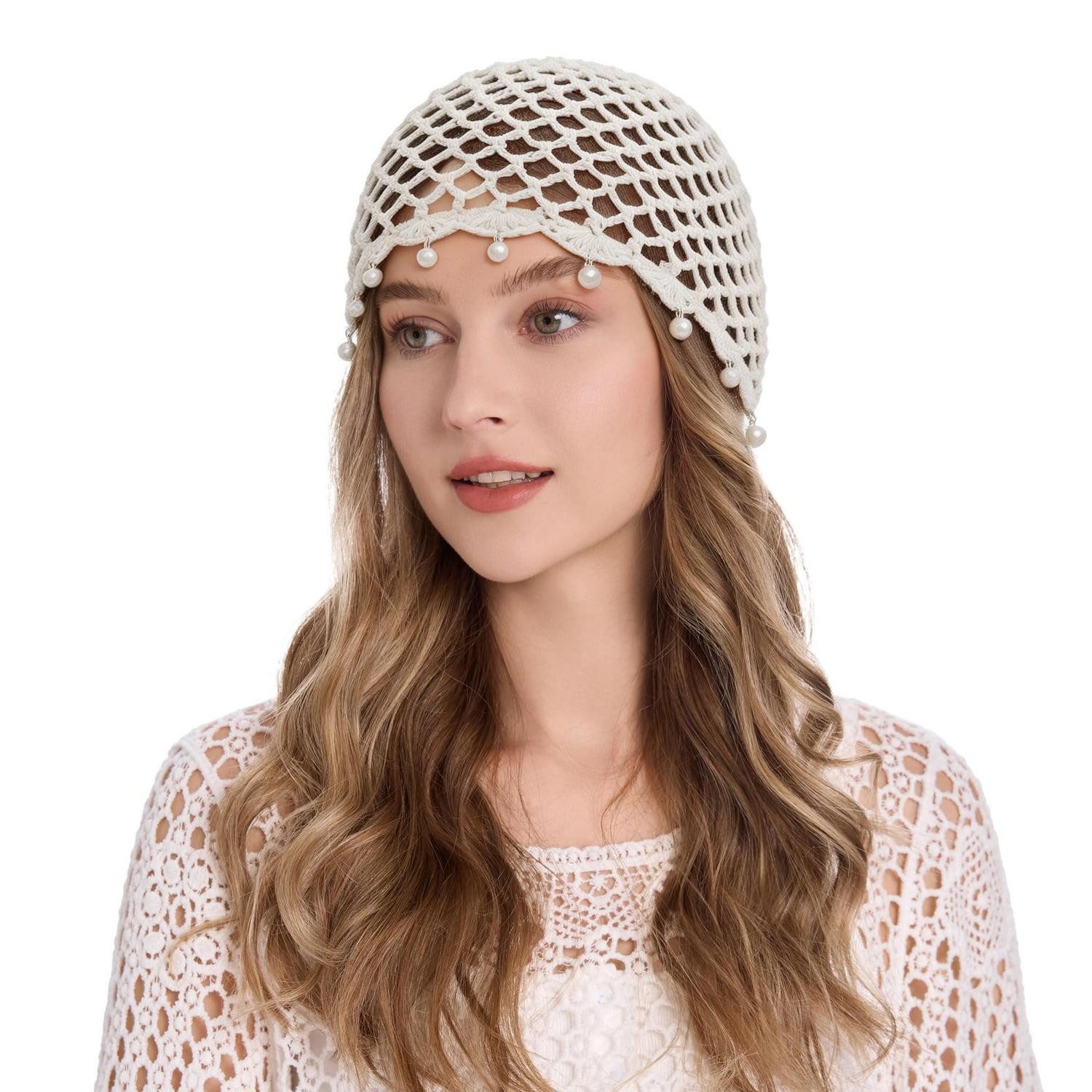 LuxusKollektion Baskenmütze Häkelmütze Blumen Perlenweiß (1-St)