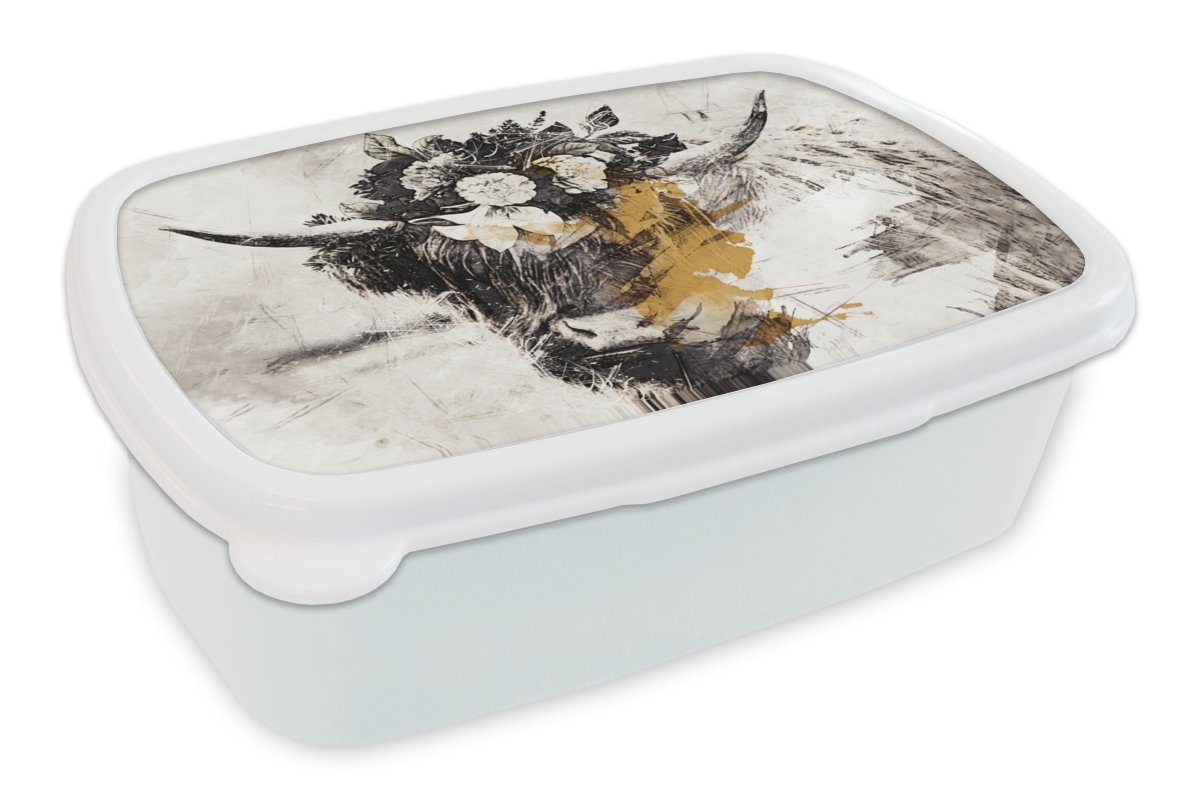 MuchoWow Lunchbox Schottischer Highlander - Gold - Weiß - Farbe, Kunststoff, (2-tlg), Brotbox für Kinder und Erwachsene, Brotdose, für Jungs und Mädchen