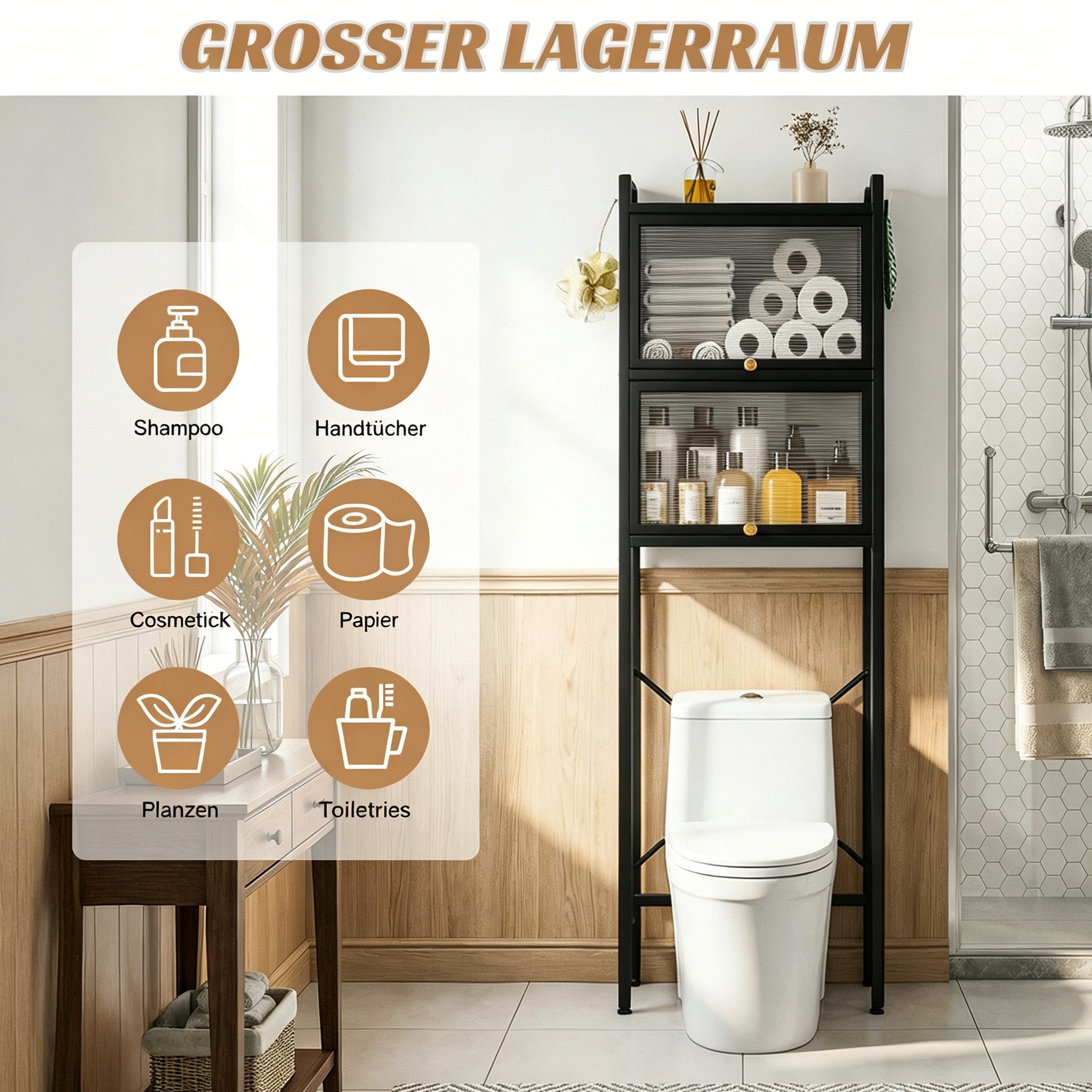 Rutaqian Badregal WC Regal mit Türen ohne Bohren Badezimmerregal Wasserdicht 50x25x165cm, Badregal mit Stauraum und PVC Türen, Platzsparender Badezimmerschrank