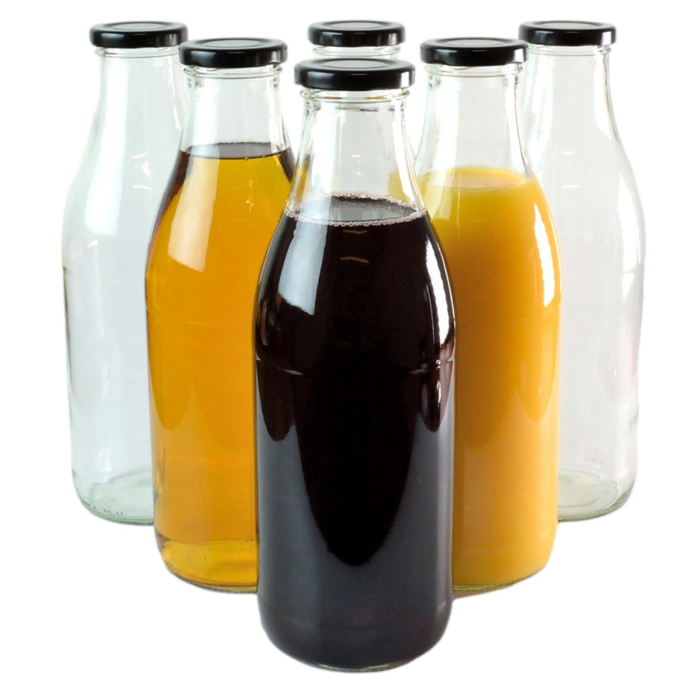 Flasche 1000 Glas, gouveo aus - mit 6er schwarz Schraub-Deckel Set, Trinkflasche 1,0 l Große ml Saftflaschen