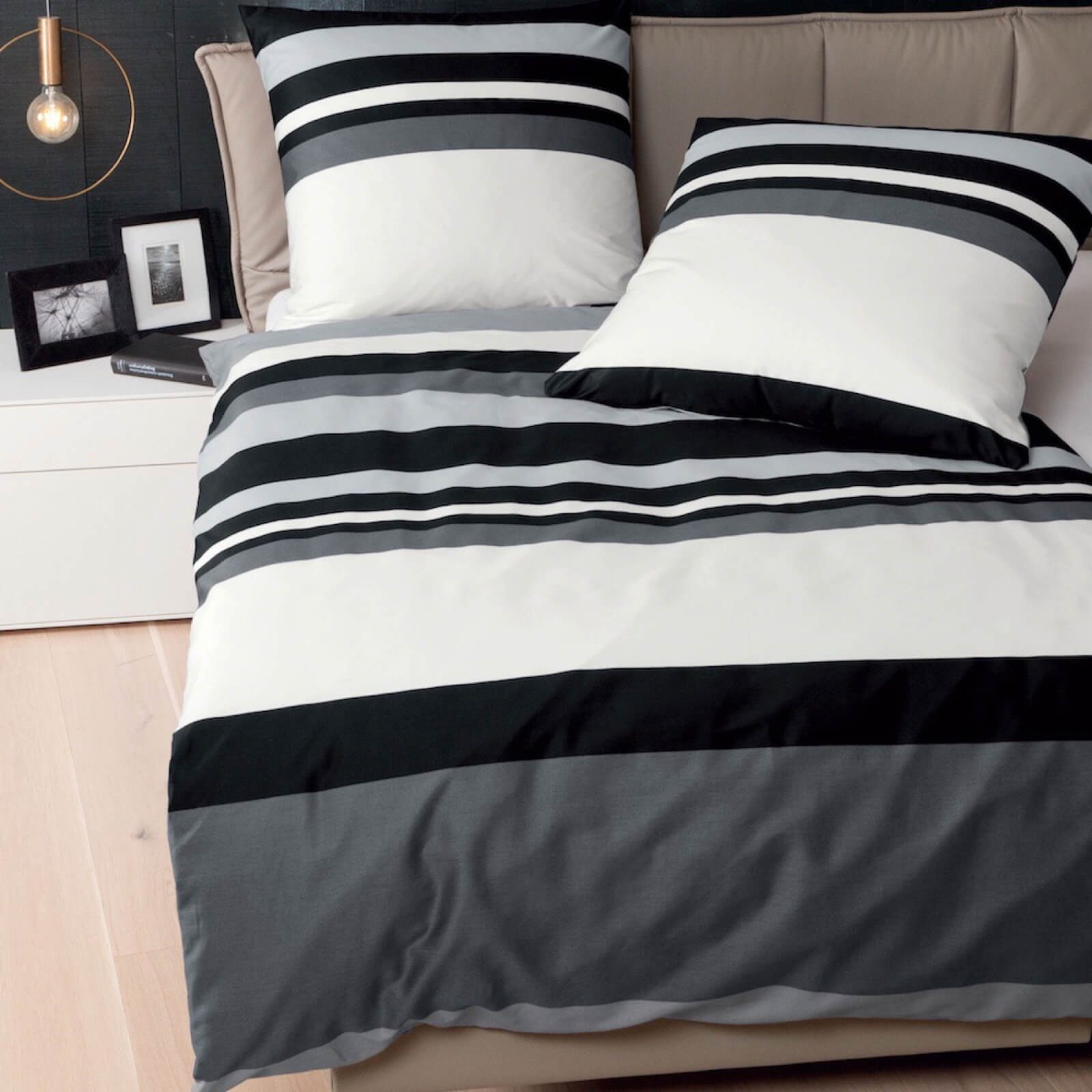 Janine Bettwäsche J.D. 8478-08 schwarz graphit, Mako-Satin, 2 teilig, Gestreift