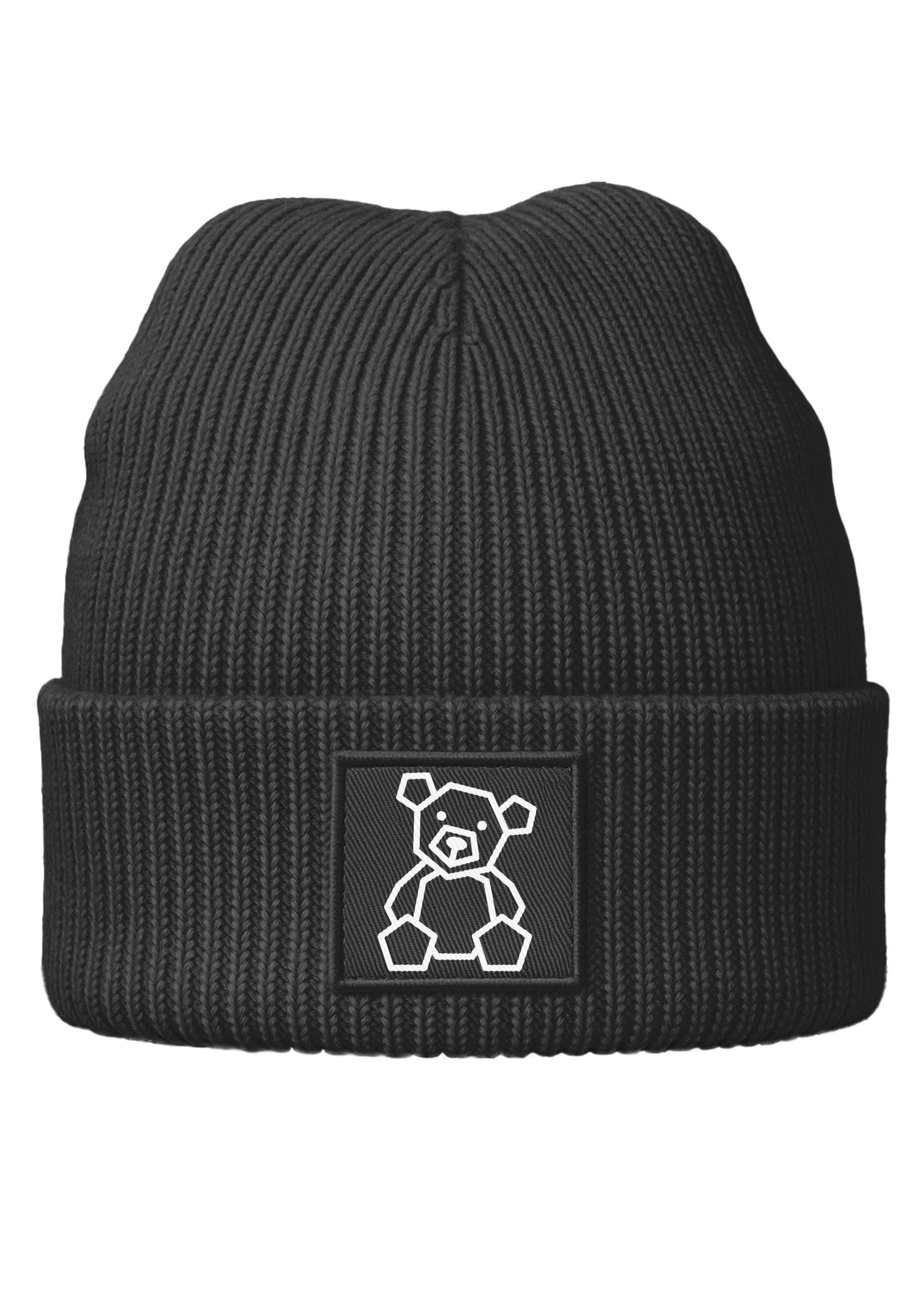 Neverless Strickmütze Damen Beanie Patch Polygon Teddy Bär Aufdruck Print Wintermütze