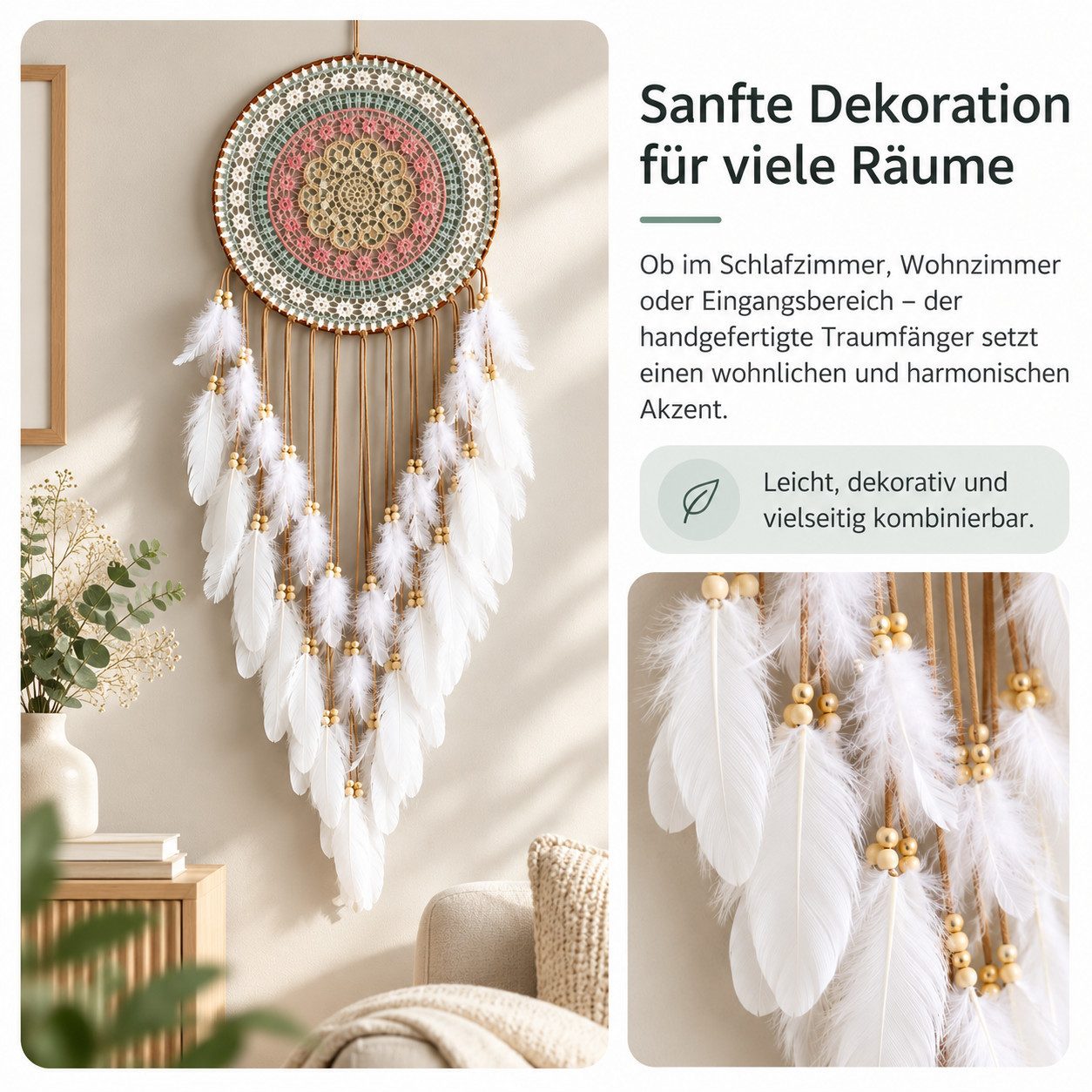 VEKROBOT Hängedekoration Bunter Traumfänger rund Fransen dekorative Wanddeko für Schlafzimmer (Set, 1 St., Traumfänger für die Wohnraumdekoration), Kunstfeder-F – Bild 2 von 5