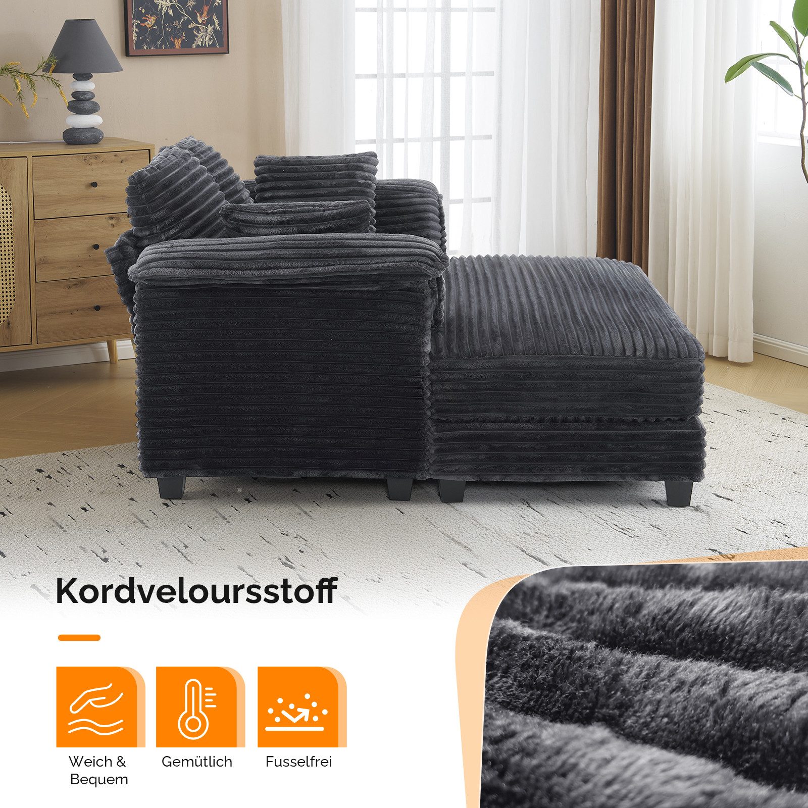 VINGLI Chaiselongue 2-Sitzer Cord Schlafsofa, Breite 142cm, Loungesofa mit Schlaffsunktion, Großer Chaiselongue-Sessel für Wohnzimmer, Schlafzimmer oder Büro – Bild 5 von 5