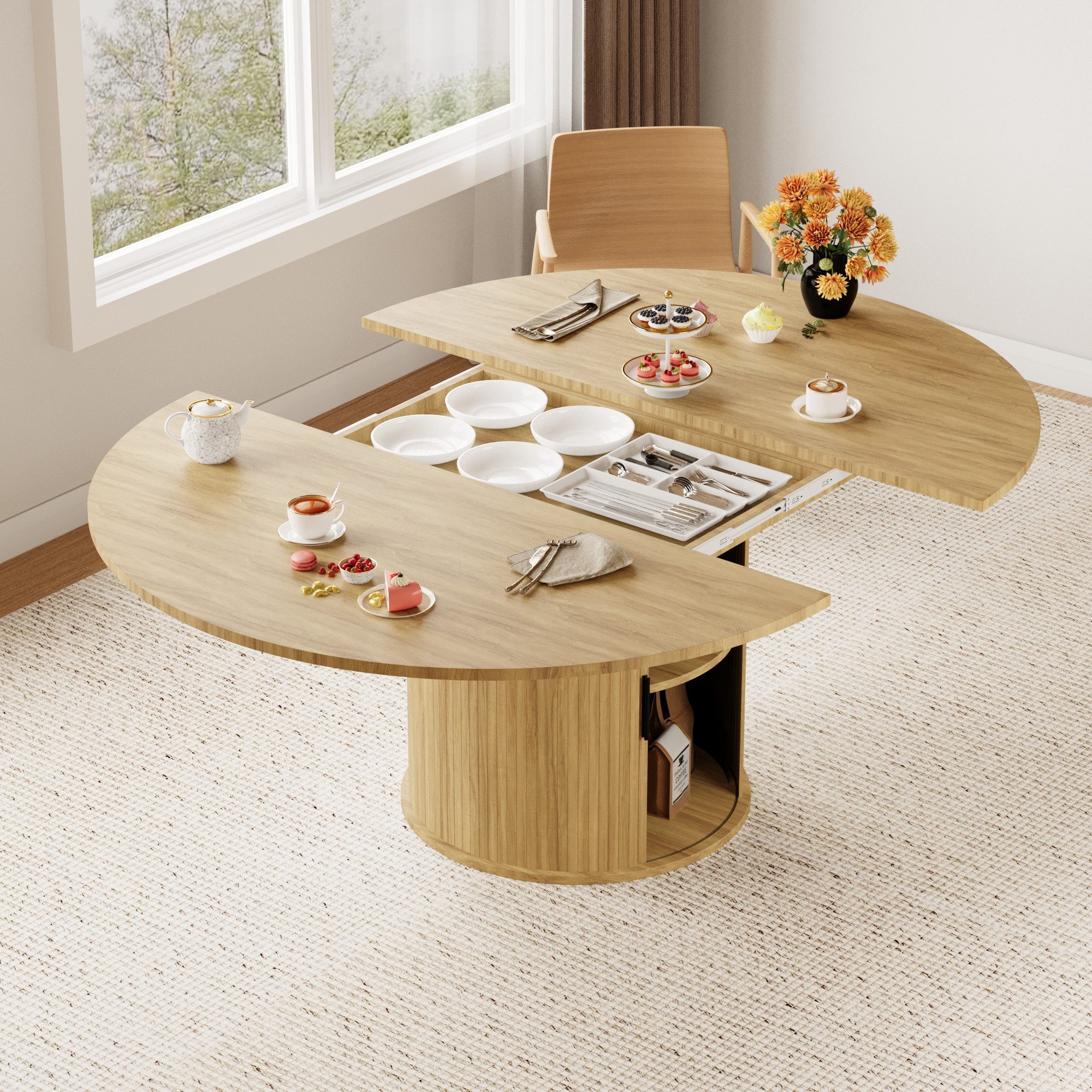 Wildhome Esstisch Ausziehbarer runder Esstisch für 4–6 Personen mit Stauraum, für Küche & Esszimmer Naturholzfarbe, 110-150 x 110 x 75 cm