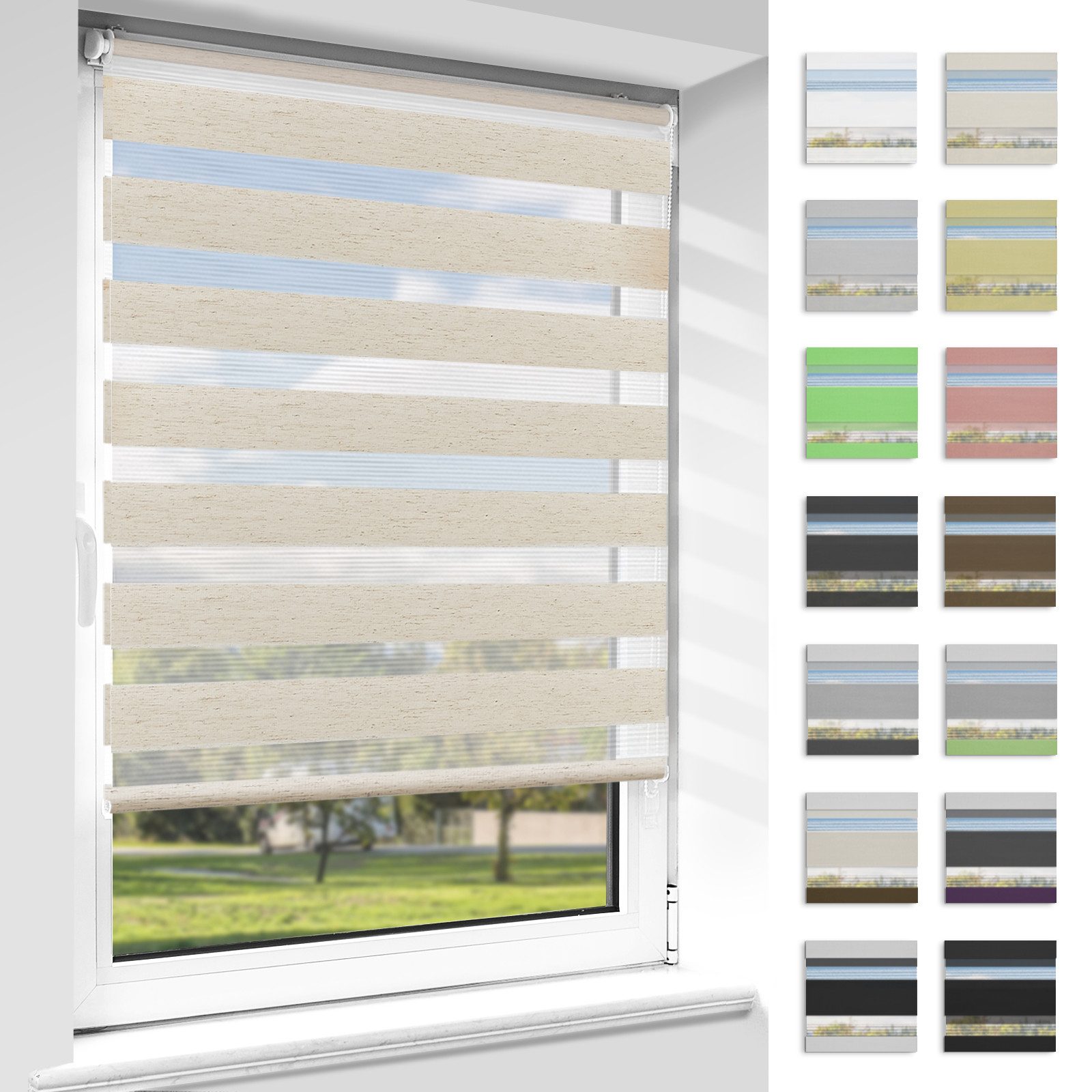 Doppelrollo rollos Ohne Bohren 130cm/150cm, Vkele, freihängend,Blickdicht,Lichtschutz und verspannt, Klemmträger,Klemmfix, rollo für Fesnter und Tür
