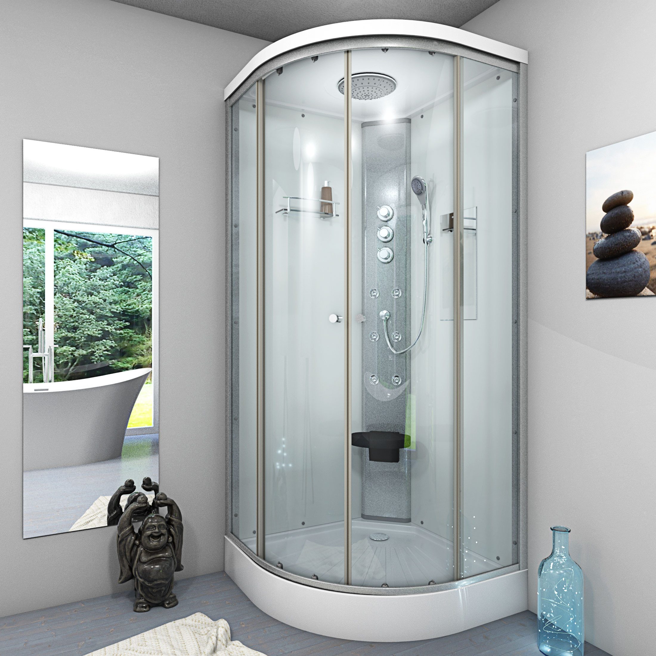 AcquaVapore Komplettdusche Dusche Fertigdusche D10-10T1-ALL Weiß 90x90, Sicherheitsglas ESG, inklusive Duschwanne, Höhenverstellbar, Mit Bauanleitung, Mit Spiegel, Gehärtetes Glas, Inte