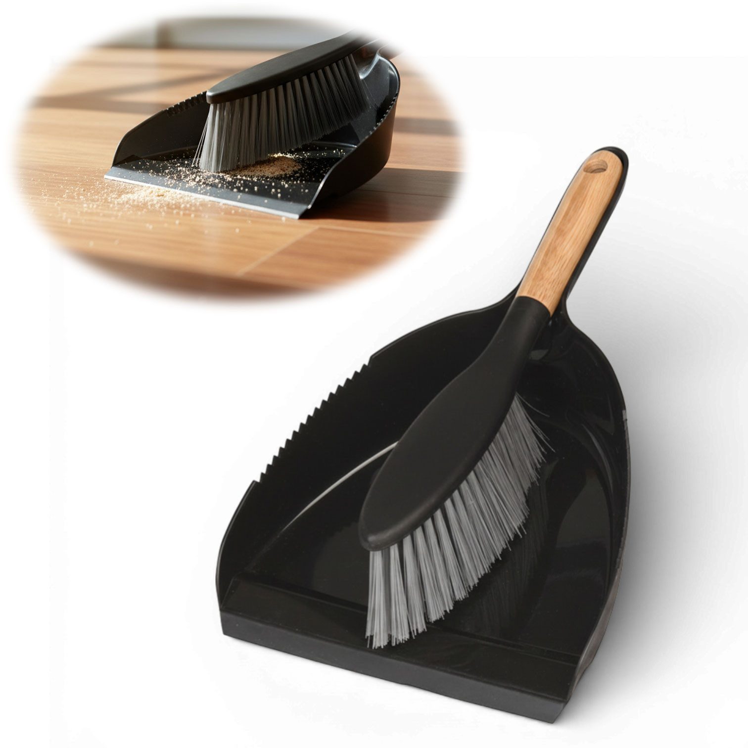 LS-LebenStil Kehrgarnitur Kehrbesen Kehrschaufel 32x22cm Schwarz Kehrset Kehrblech und Handfeger, Set, 2-teilig, Click-System, (Besen mit langem Holz Griff, 2-tlg)