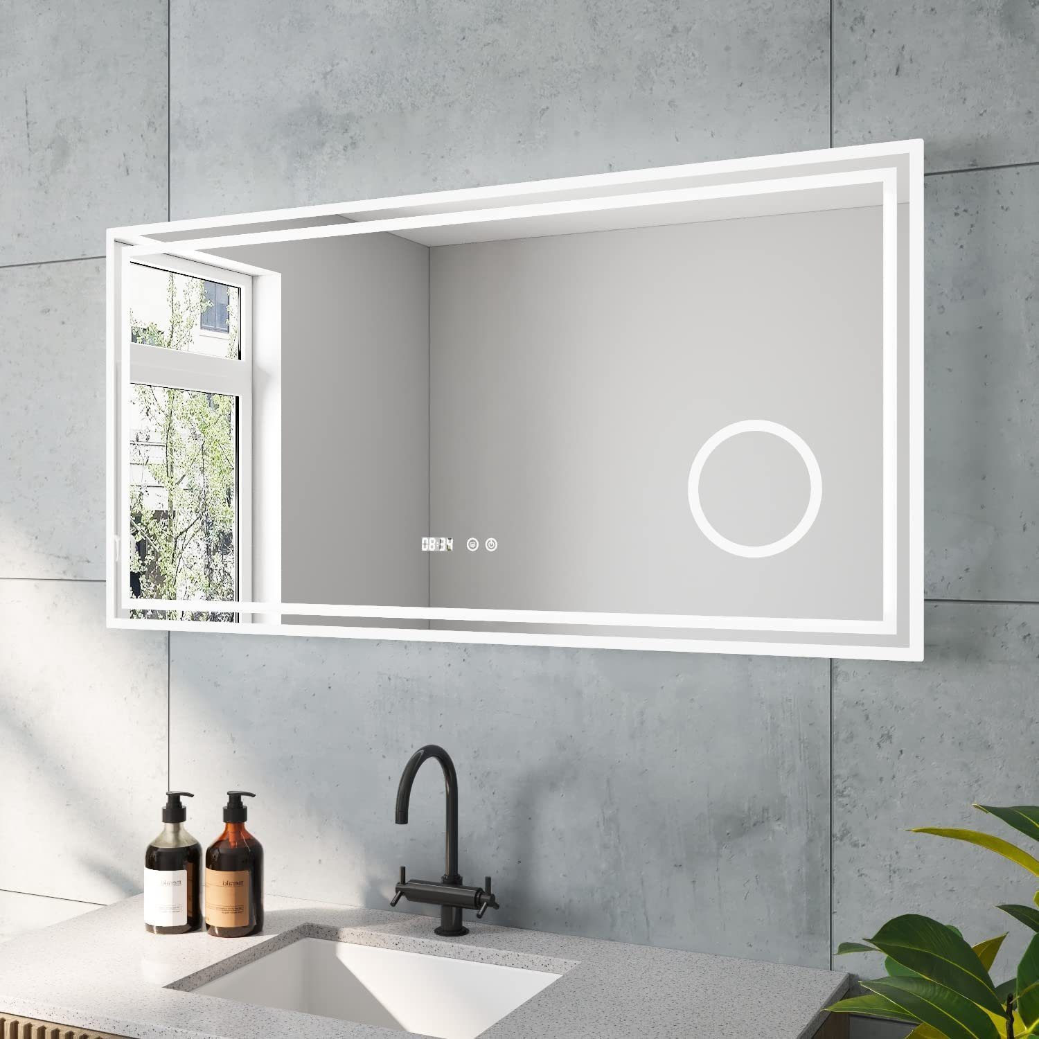 AQUALAVOS Badspiegel Badspiegel mit Beleuchtung Led Badezimmer mit Digitaluhr Lichtspiegel, mit Vergrößerung, Touchschalter, Energiesparend Kaltweißes Licht