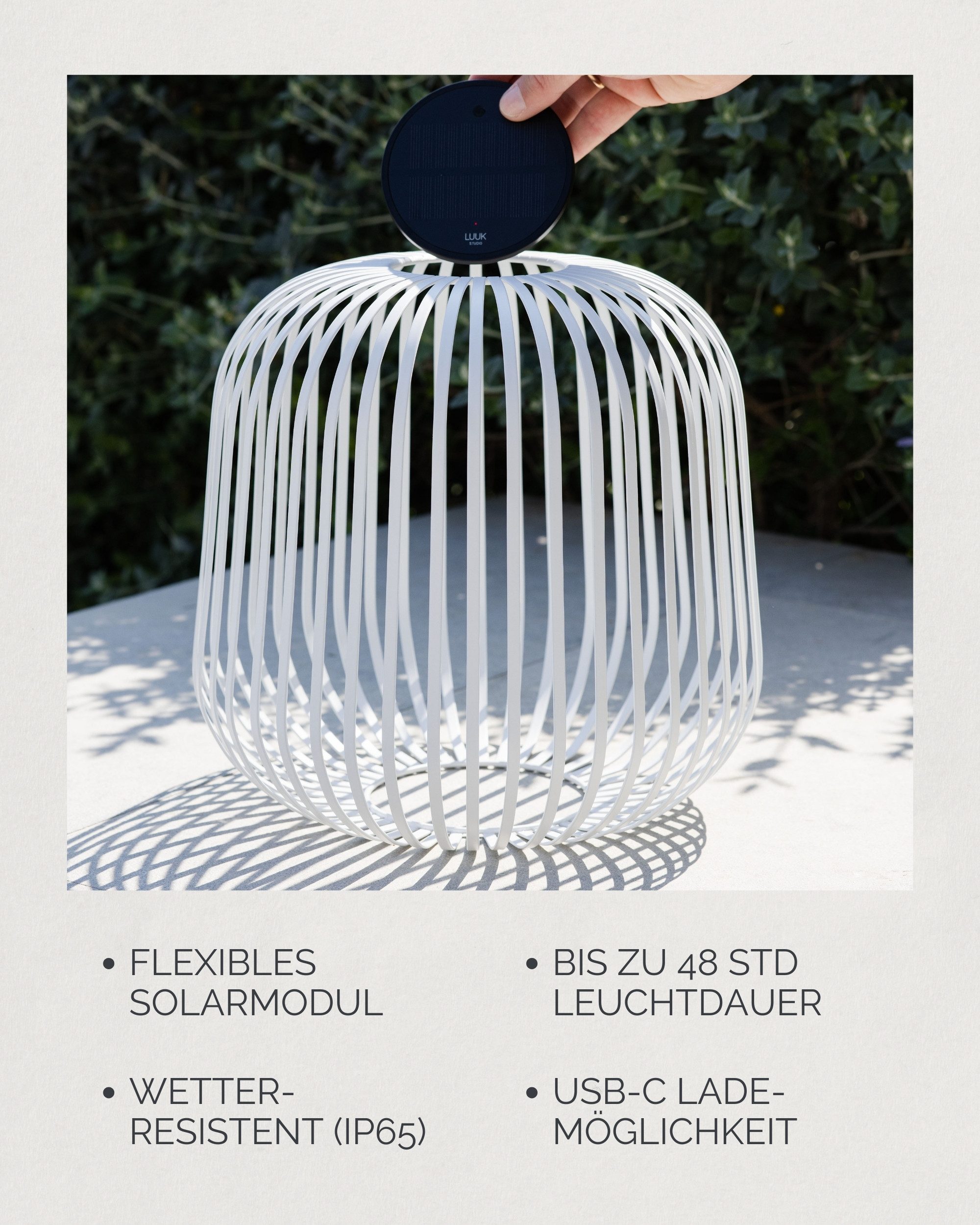 LUUK Studio LED Solarleuchte SOLIS, LED fest integriert, warmweißes Licht (2700 K), Tageslichtweiß, Kabellose LED Laterne mit herausnehmbaren Solarmodul