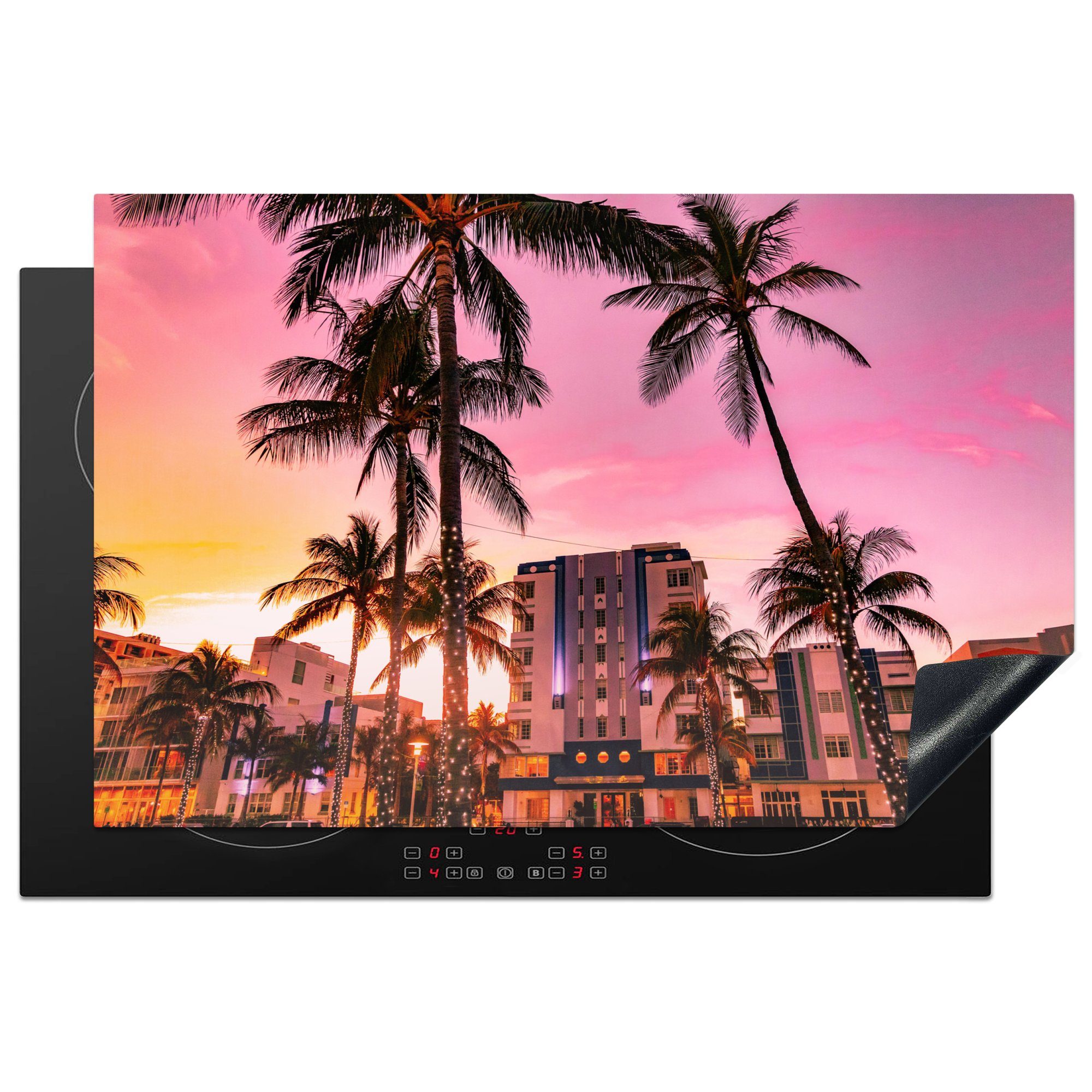 MuchoWow Herdblende-/Abdeckplatte South Beach mit Palmen und einem farbigen Himmel, Vinyl, (1 tlg), 81x52 cm, Induktionskochfeld Schutz für die küche, Ceranfeldabdeckung