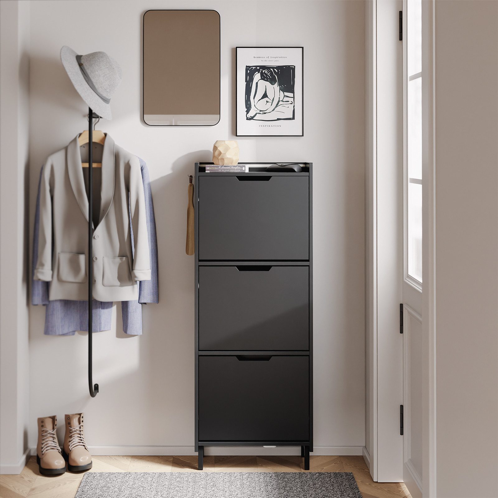 SoBuy Schuhkipper FSR151-H-E, Schuhschrank schmal, Schuhregal Schuhkipper Flurschrank, Schuhschrank hängend, mit Sensorlicht, 3 Klappen, Schuhaufbewahrung